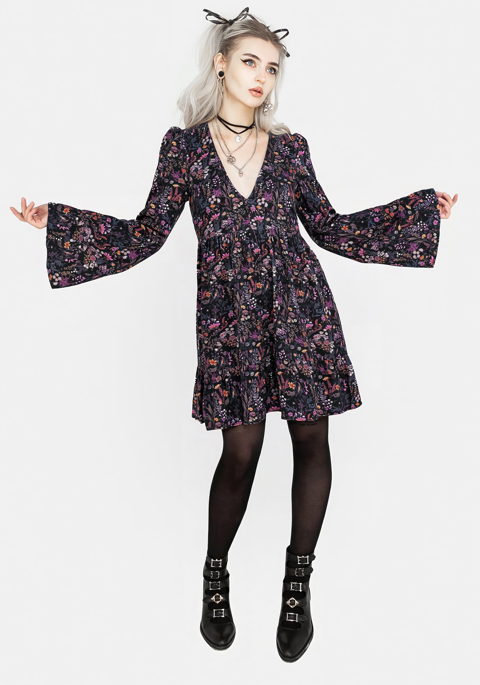 Black & Purple Floral Mini Smock Dress with V-Neck & Flared Sleeves | Heliotrope