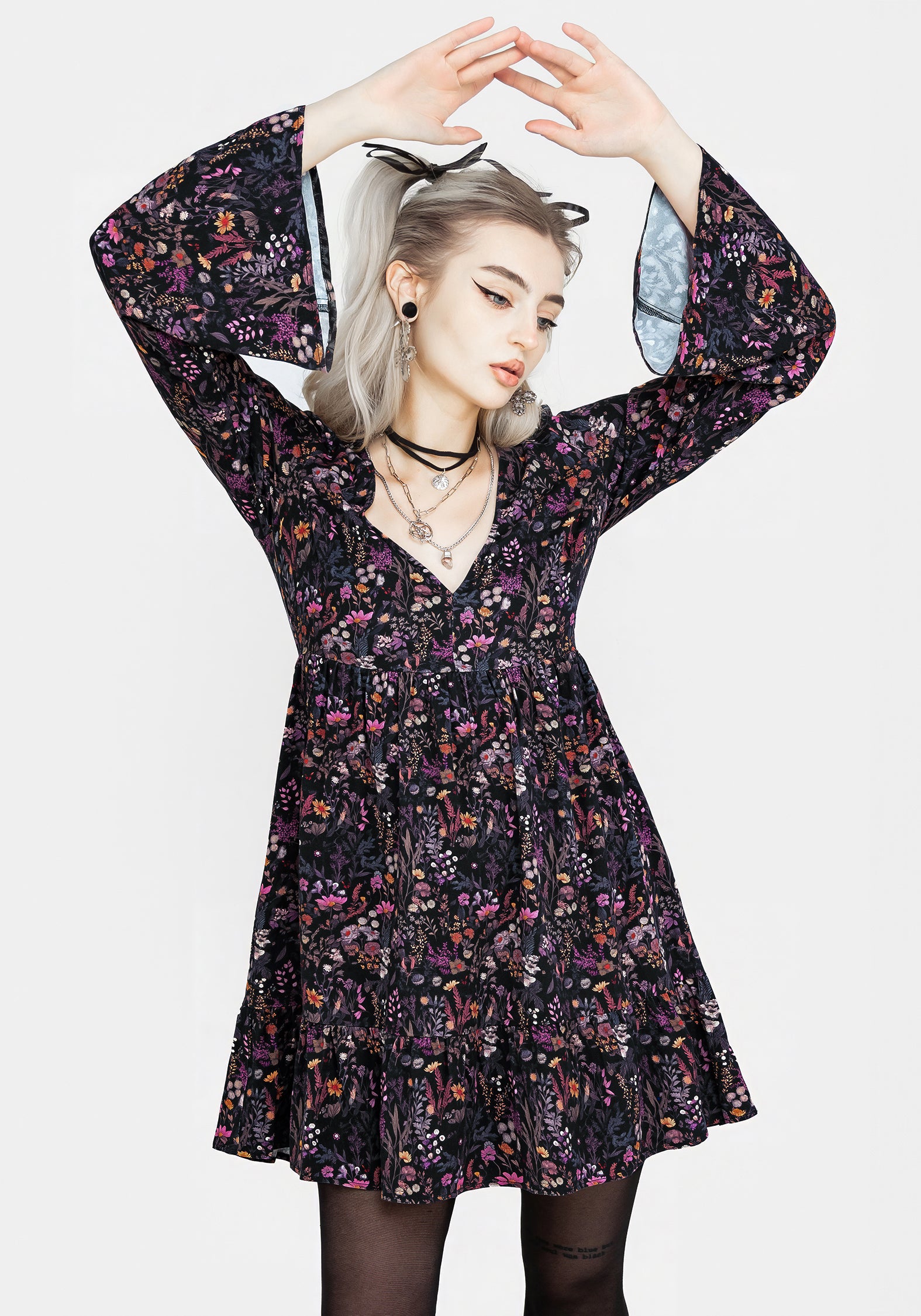 Black & Purple Floral Mini Smock Dress with V-Neck & Flared Sleeves | Heliotrope