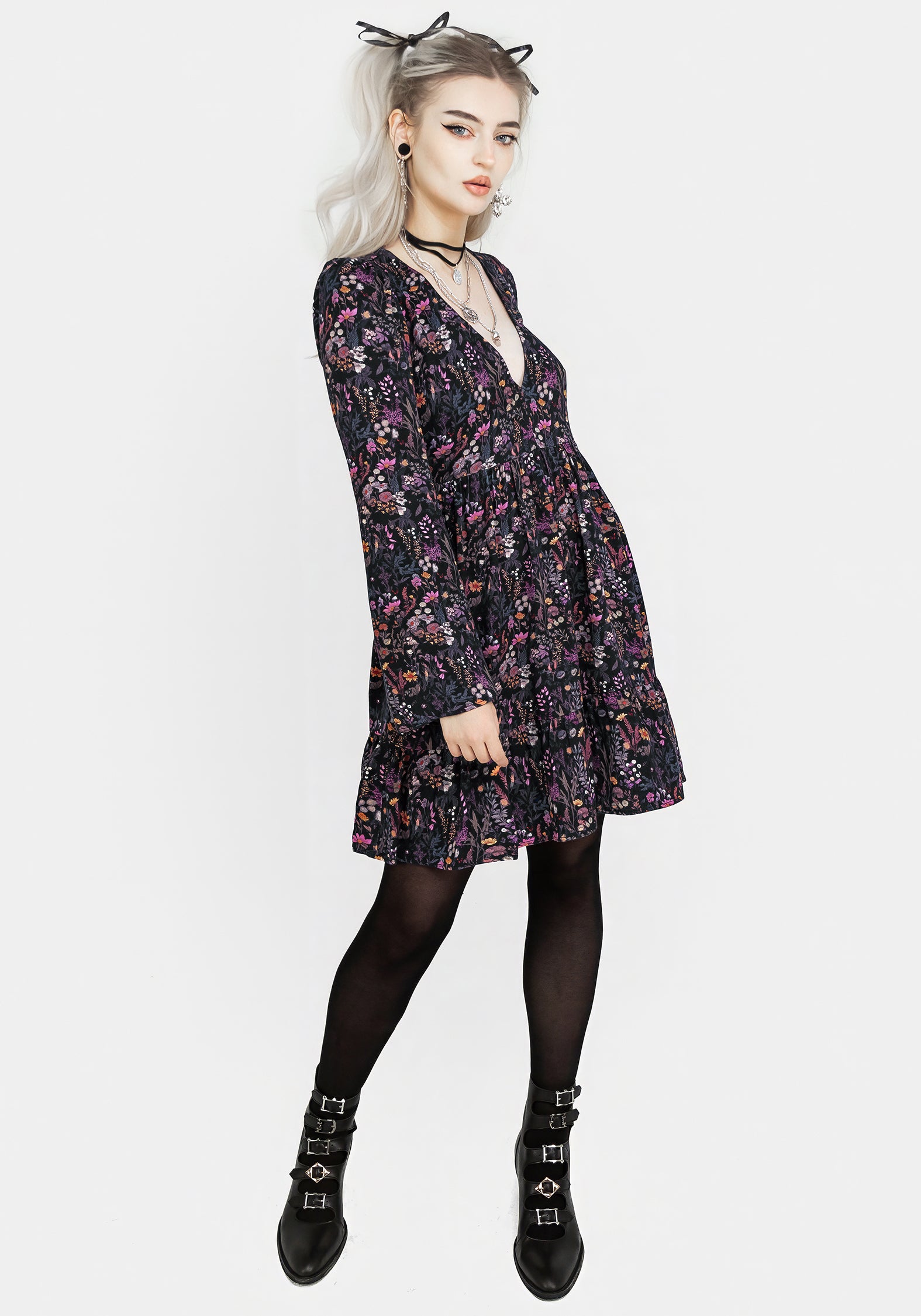 Black & Purple Floral Mini Smock Dress with V-Neck & Flared Sleeves | Heliotrope