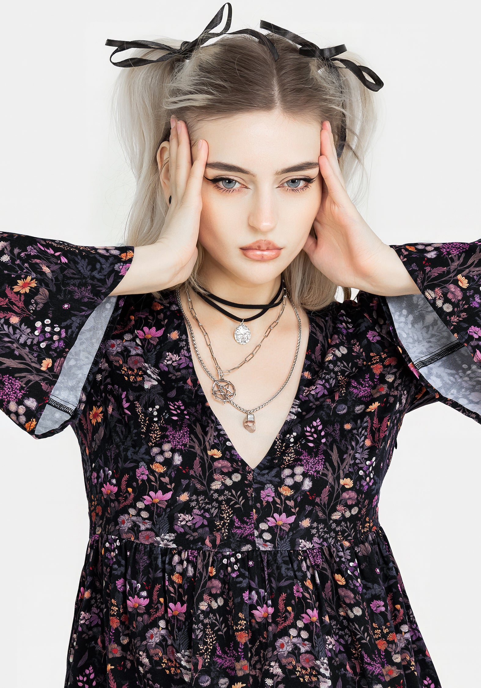 Black & Purple Floral Mini Smock Dress with V-Neck & Flared Sleeves | Heliotrope