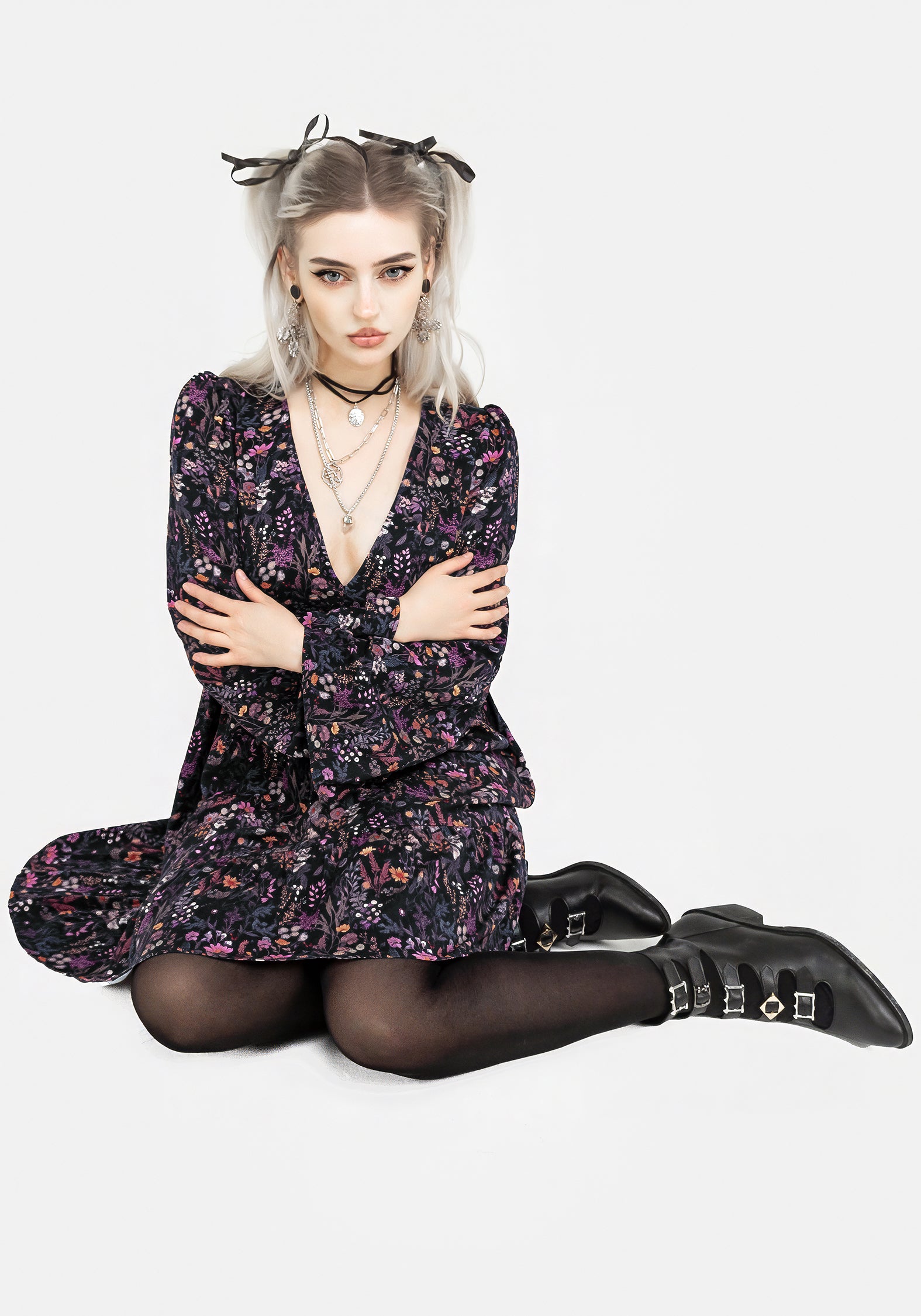 Black & Purple Floral Mini Smock Dress with V-Neck & Flared Sleeves | Heliotrope