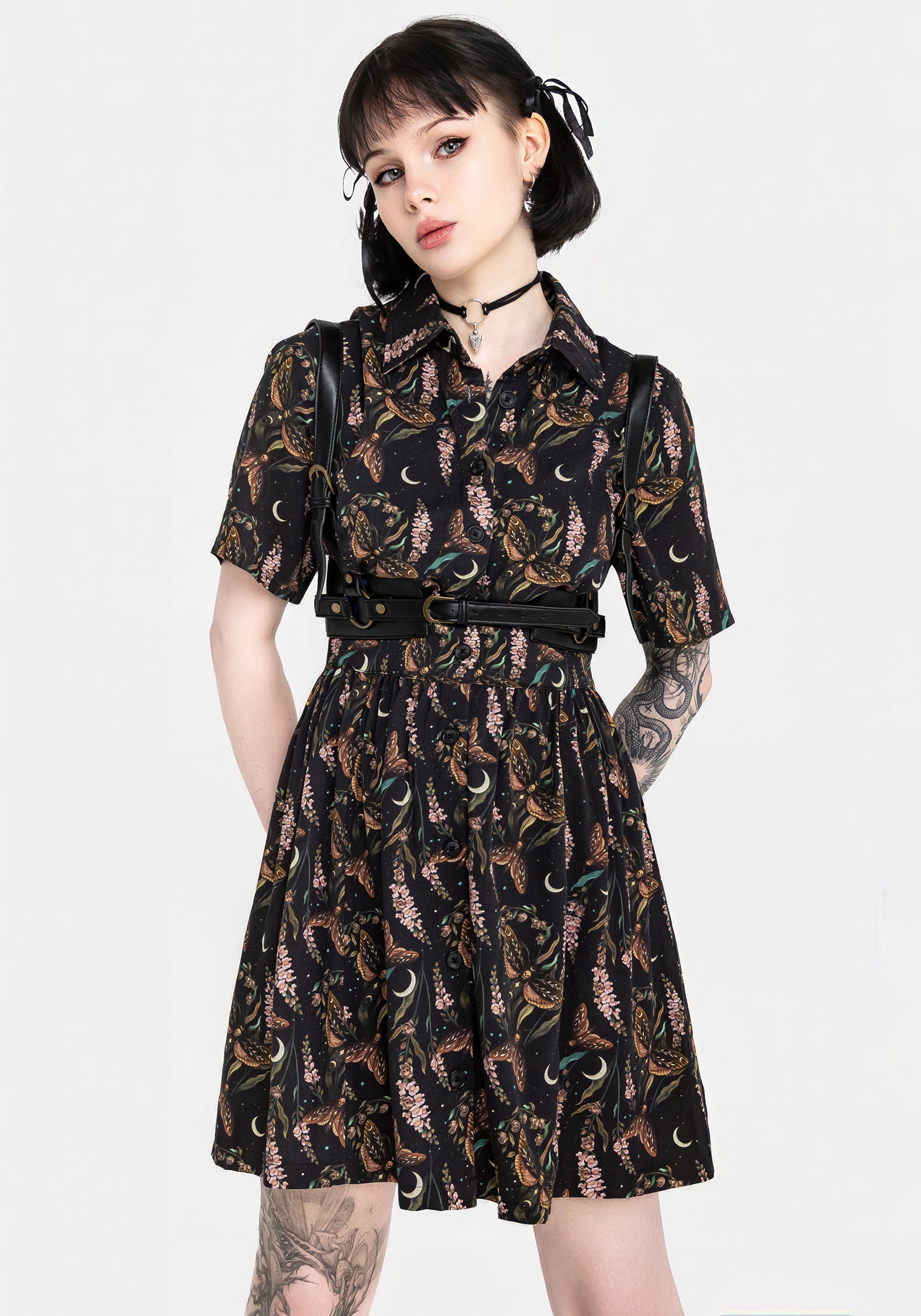 Black Floral Moth Print Mini Shirt Dress | Atropos