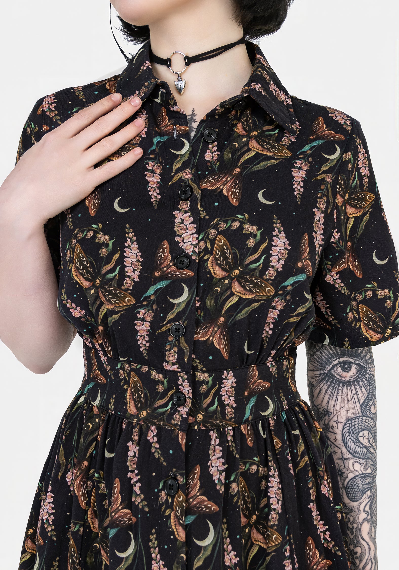 Black Floral Moth Print Mini Shirt Dress | Atropos