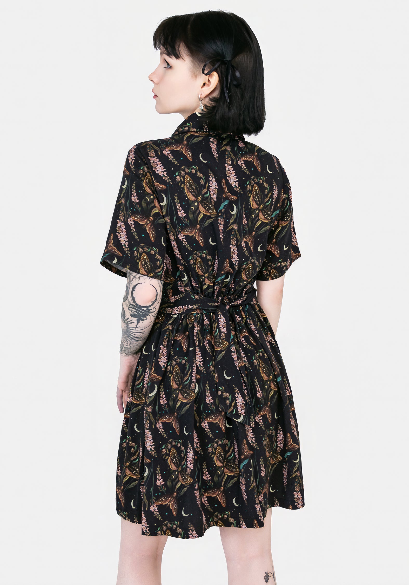 Black Floral Moth Print Mini Shirt Dress | Atropos