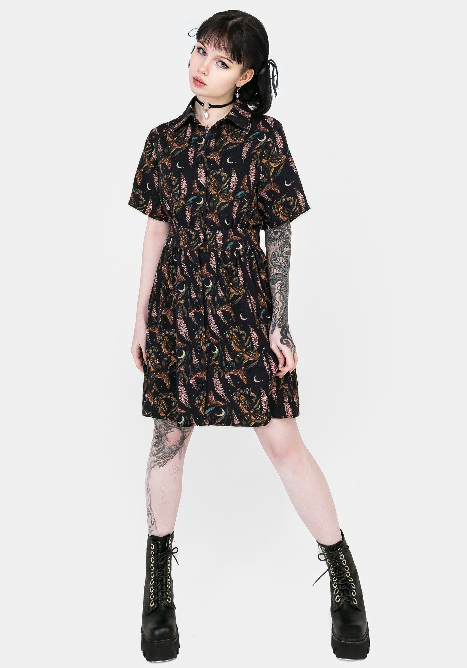 Black Floral Moth Print Mini Shirt Dress | Atropos