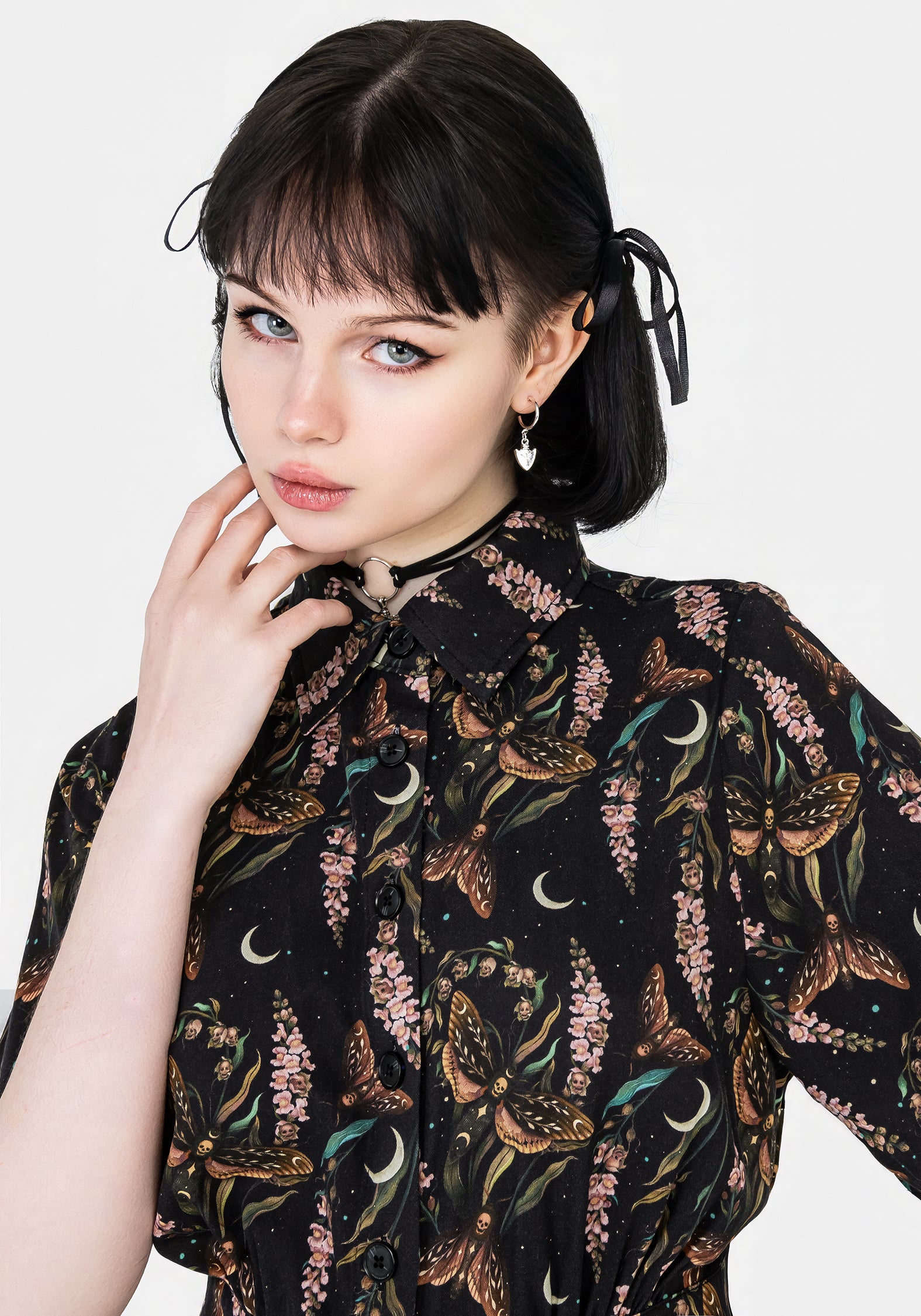 Black Floral Moth Print Mini Shirt Dress | Atropos