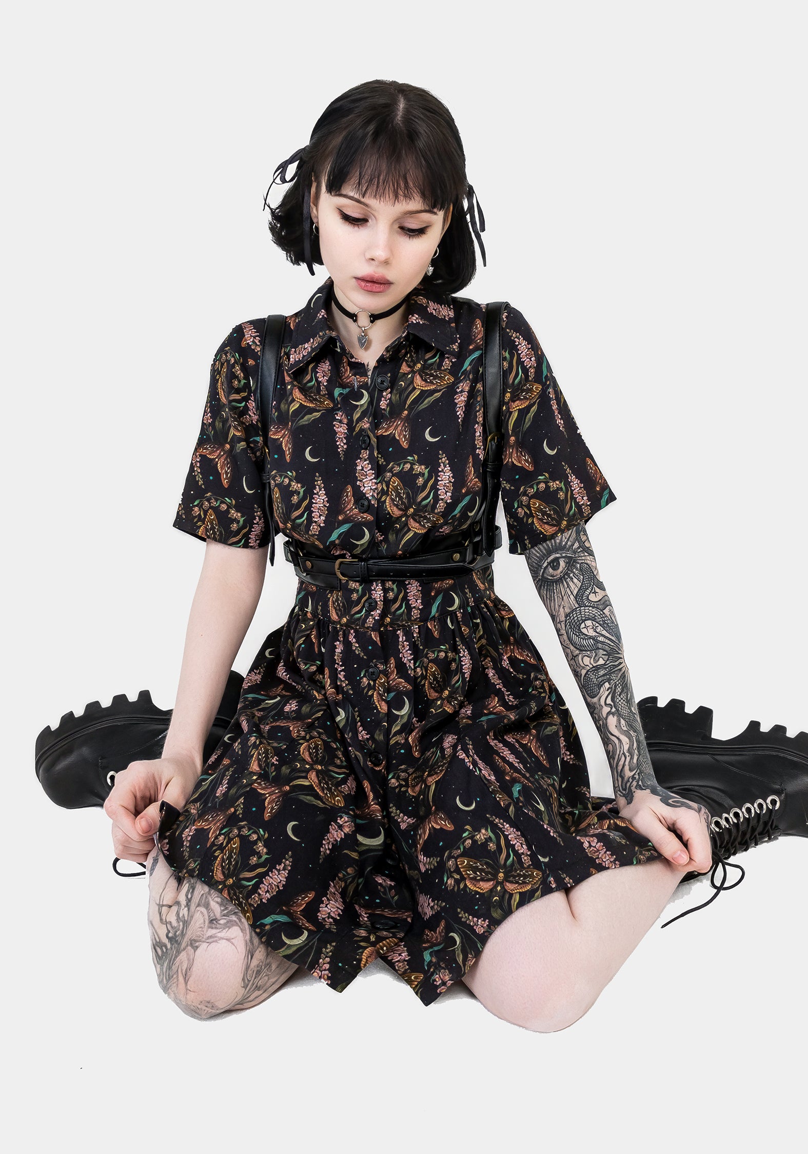 Black Floral Moth Print Mini Shirt Dress | Atropos