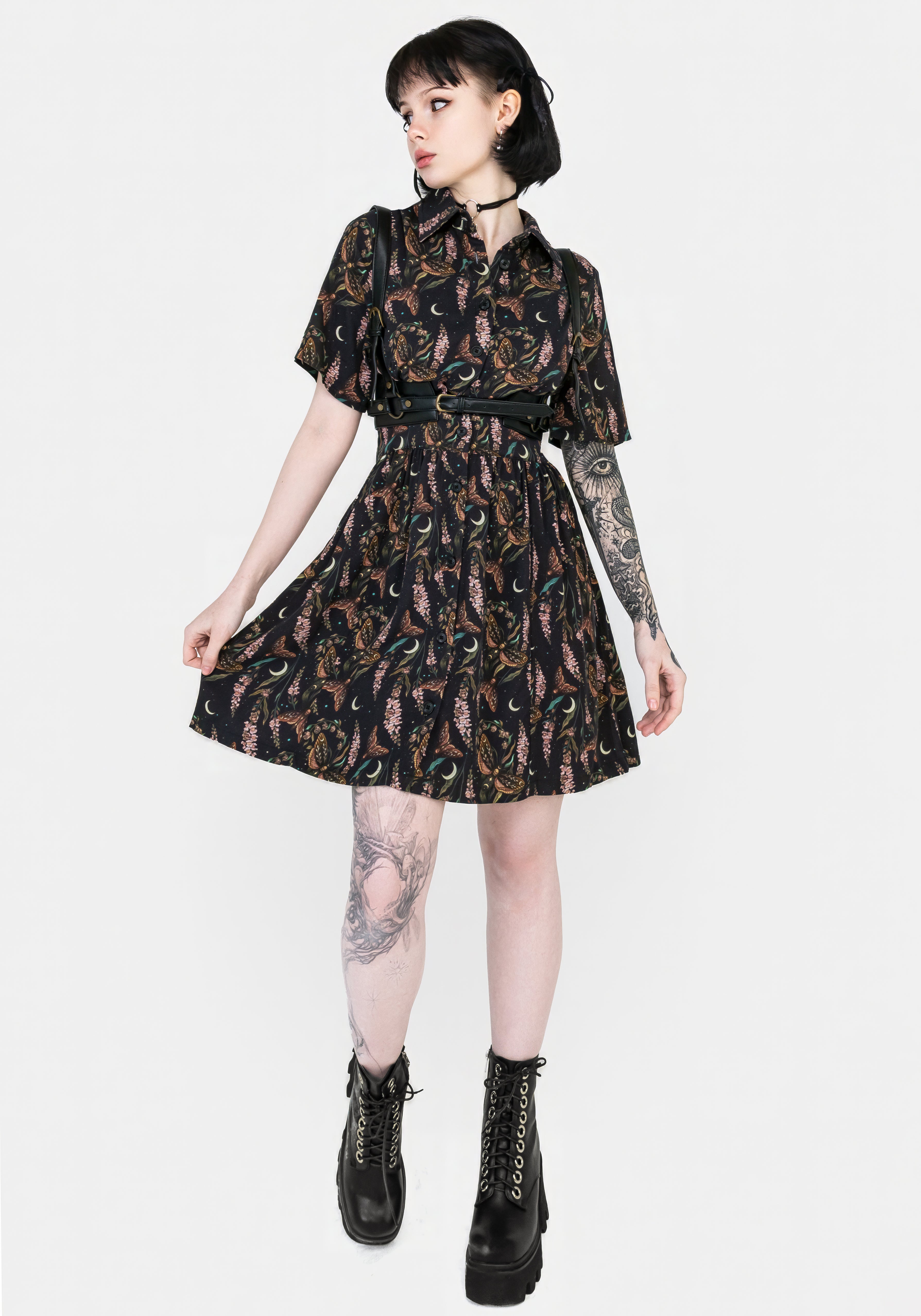 Black Floral Moth Print Mini Shirt Dress | Atropos