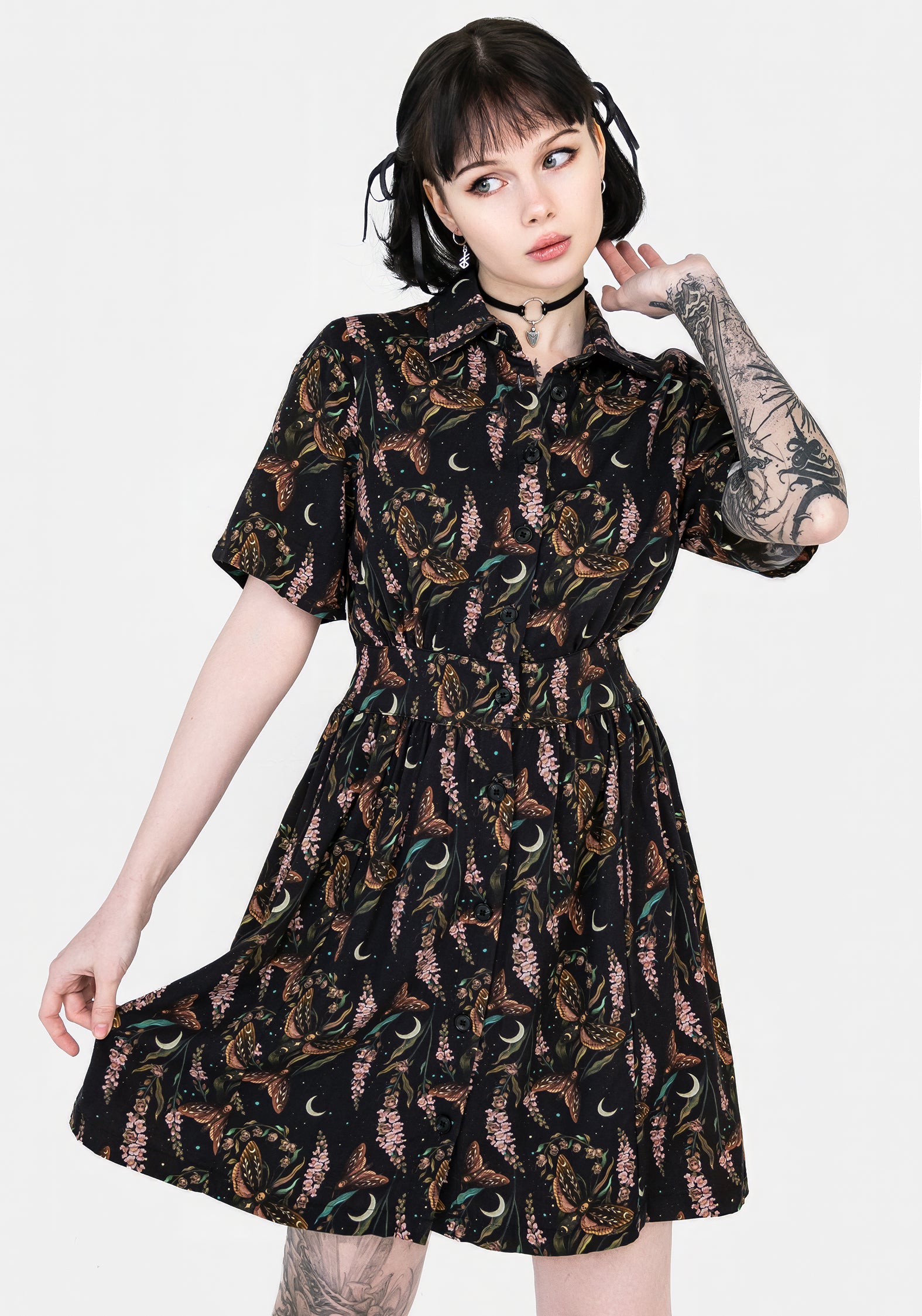 Black Floral Moth Print Mini Shirt Dress | Atropos