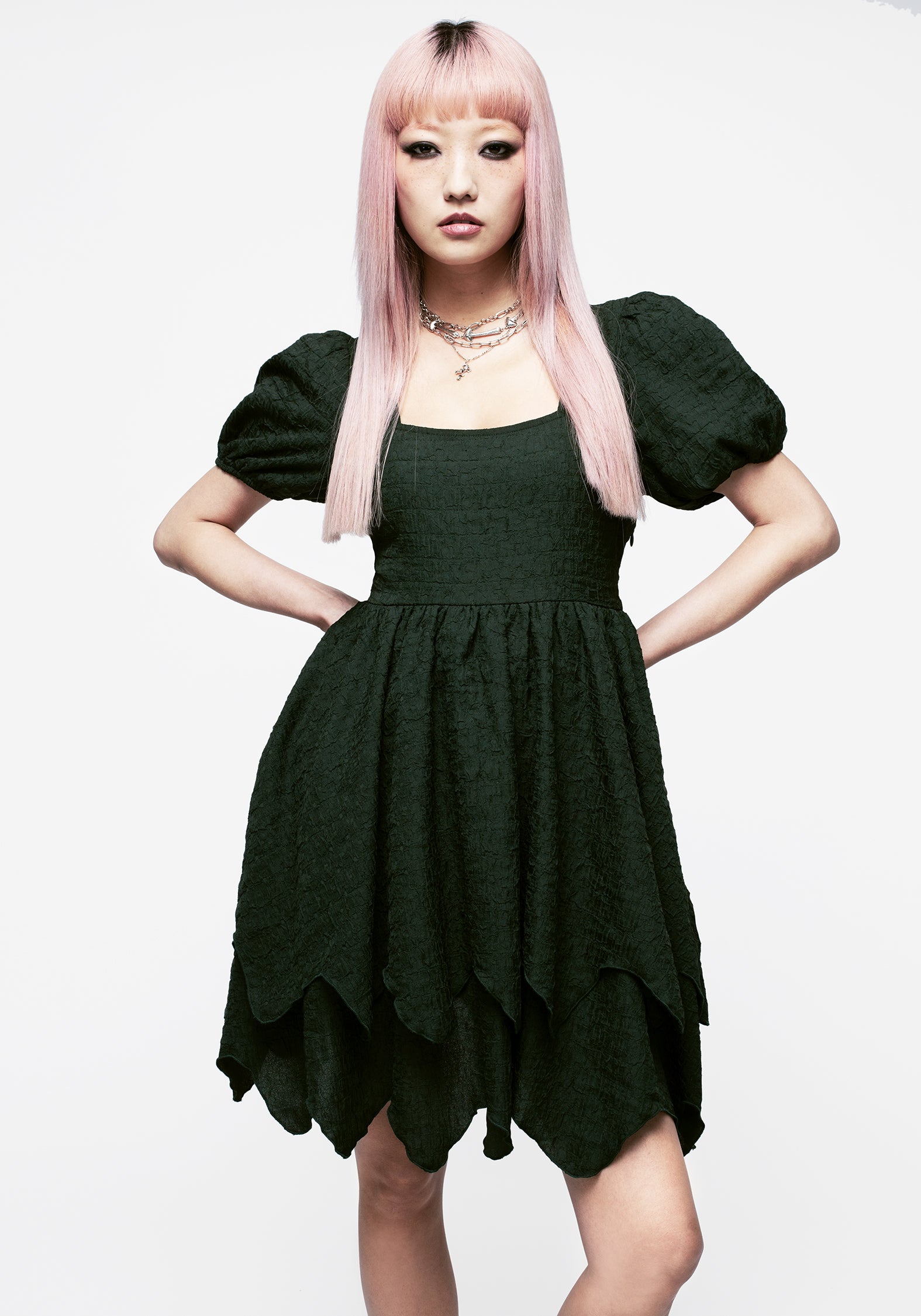 Green Textured Mini Dress with Layered Skirt | Estelle