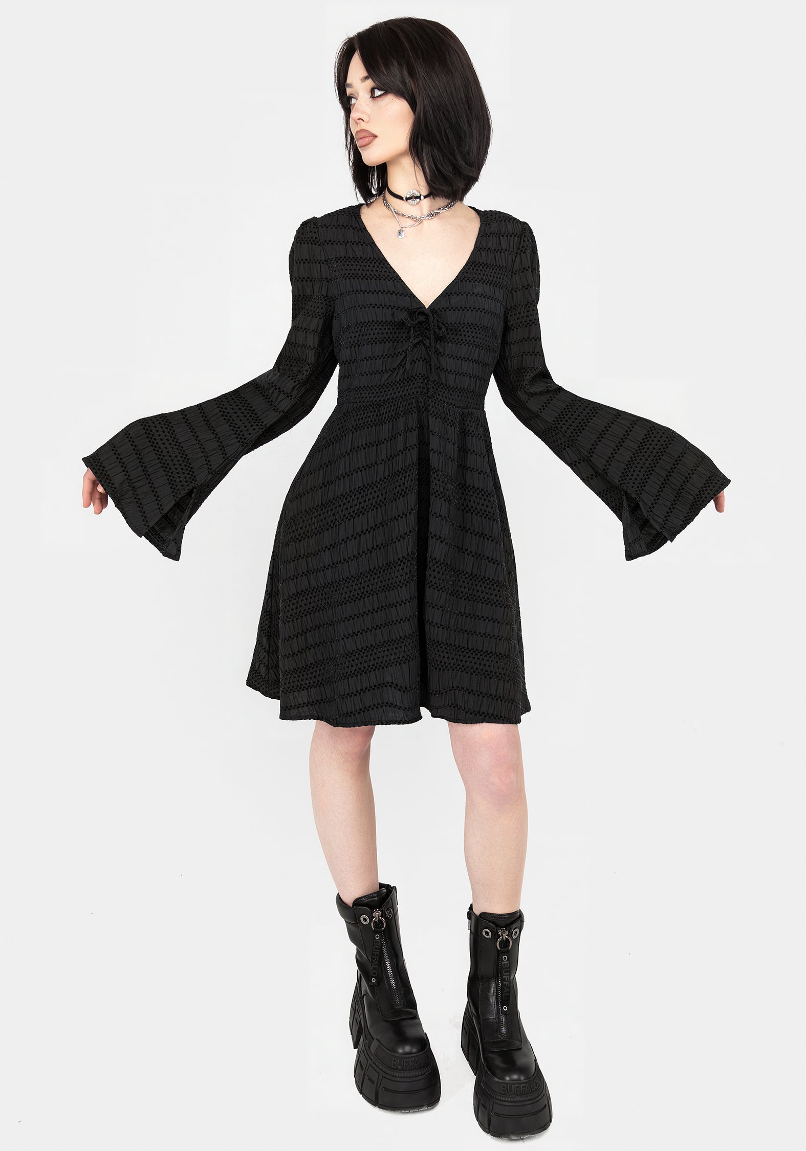 Black Mini Dress with Cutout & Puff Sleeves | Bathsheba