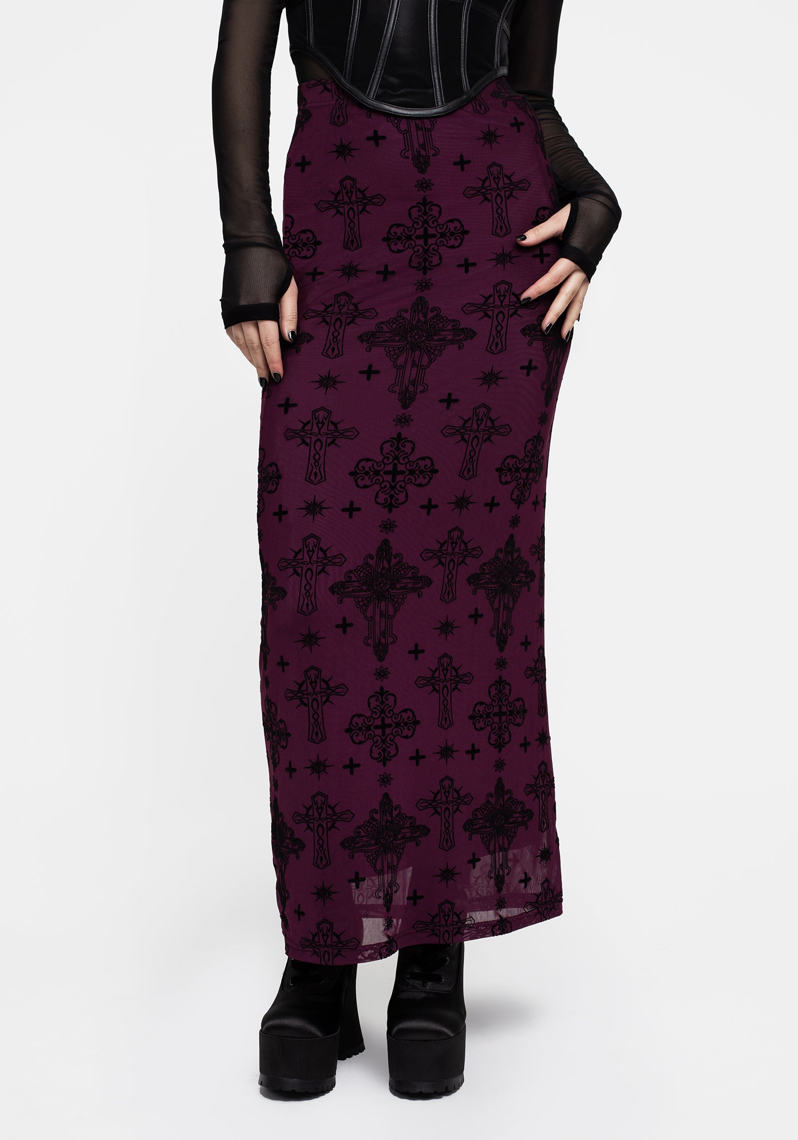 Purple Flocked Mesh Maxi Skirt with Crucifix Design | Priestess