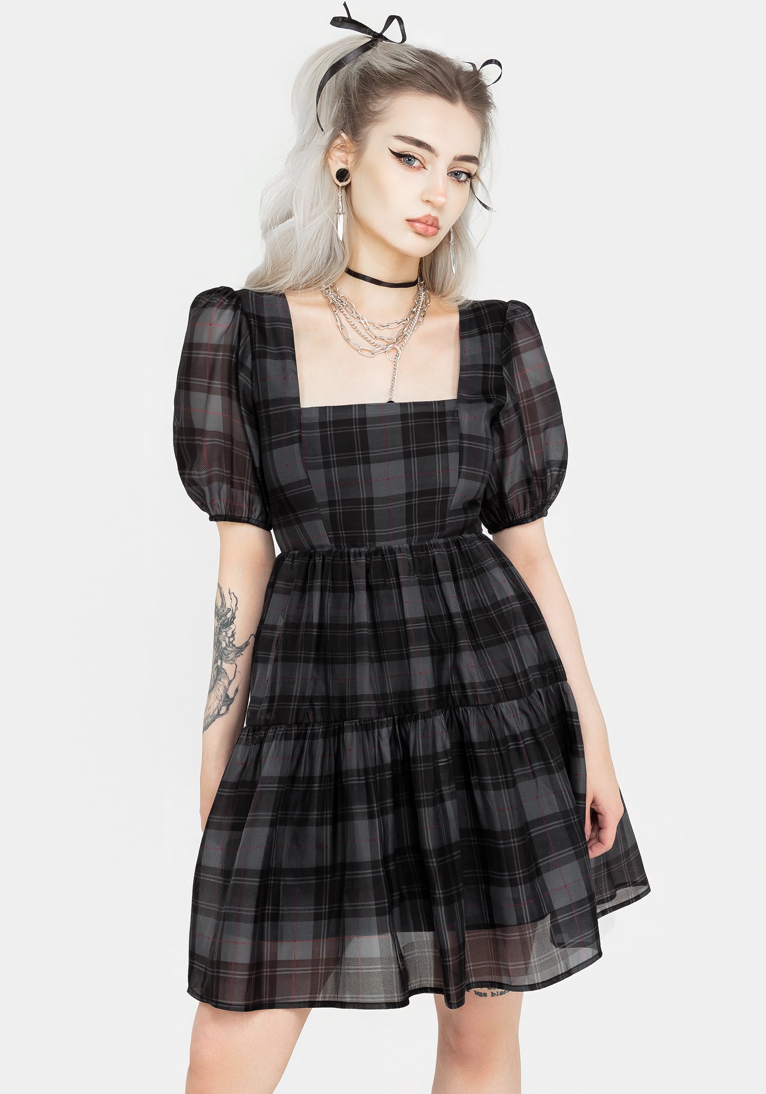 Grey Check Organza Mini Dress with Puff Sleeves | Salome