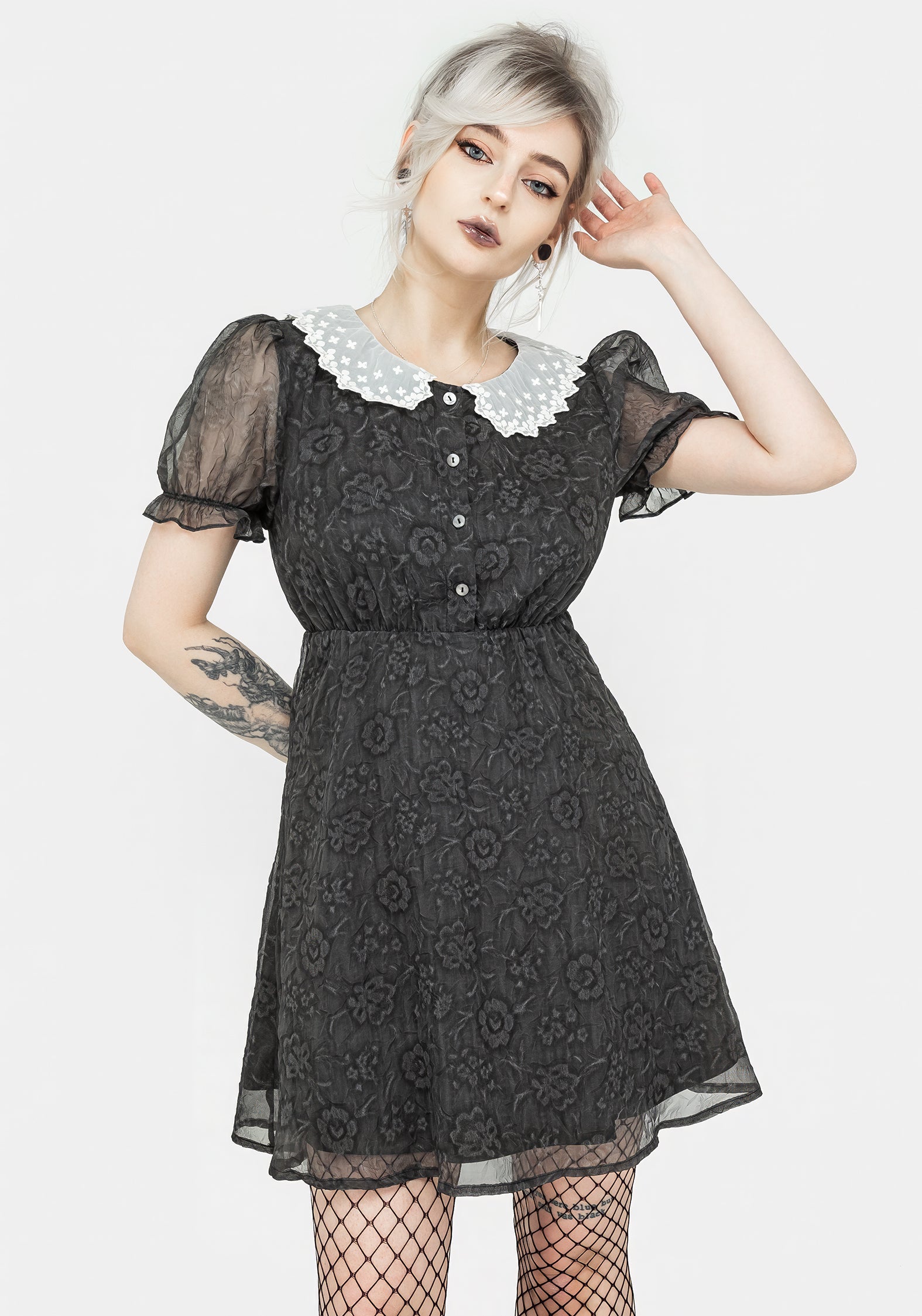 Floral Lace Collar Mini Dress with Puff Sleeves | Phantasma