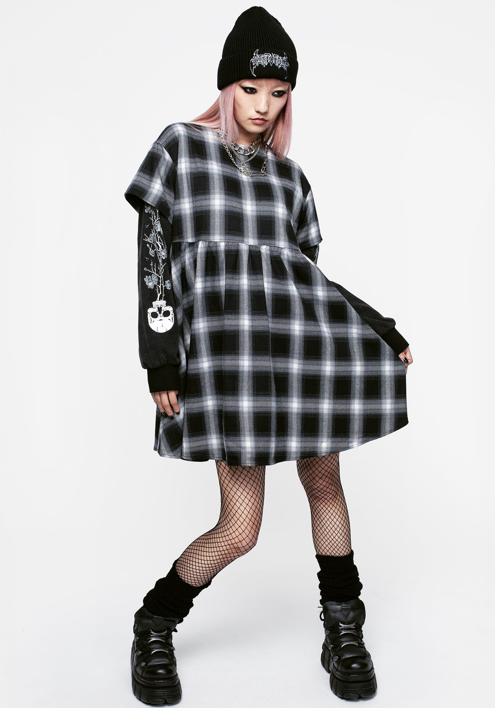 Black & White Check Smock Dress with Layered Sleeves | Hypnos