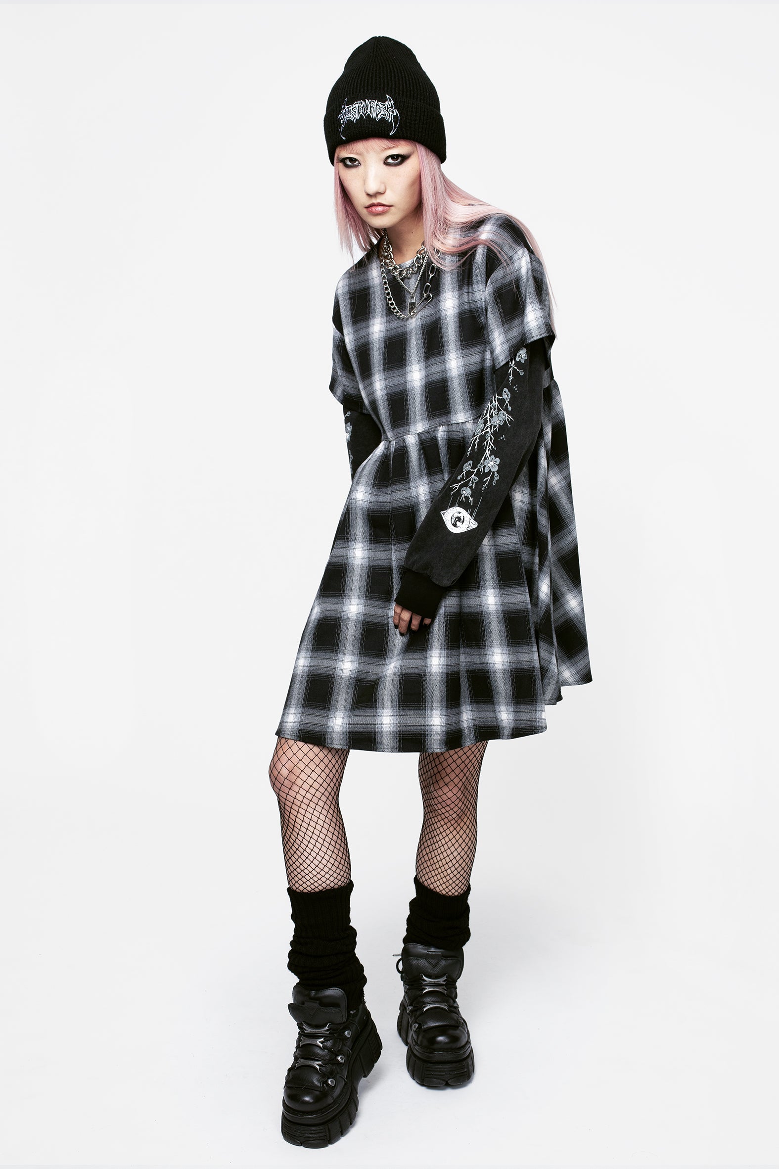 Black & White Check Smock Dress with Layered Sleeves | Hypnos