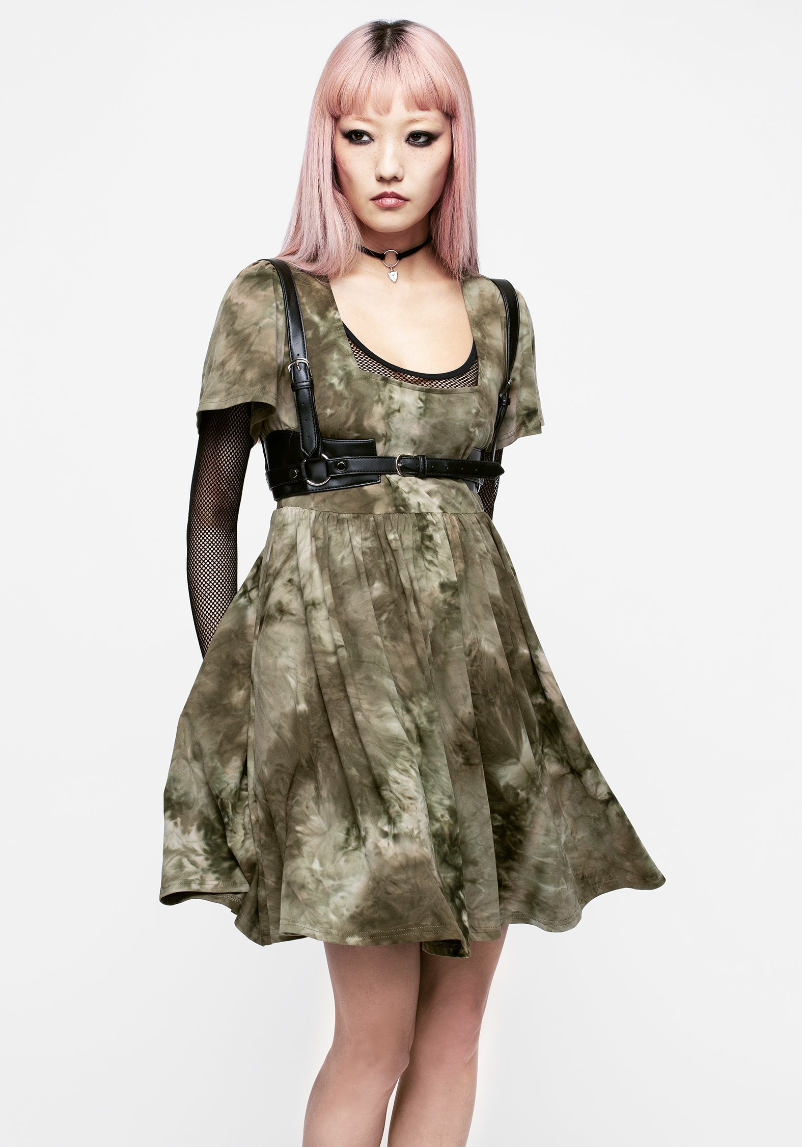 Green Tie-Dye Mini Smock Dress with Pockets | Tenebris
