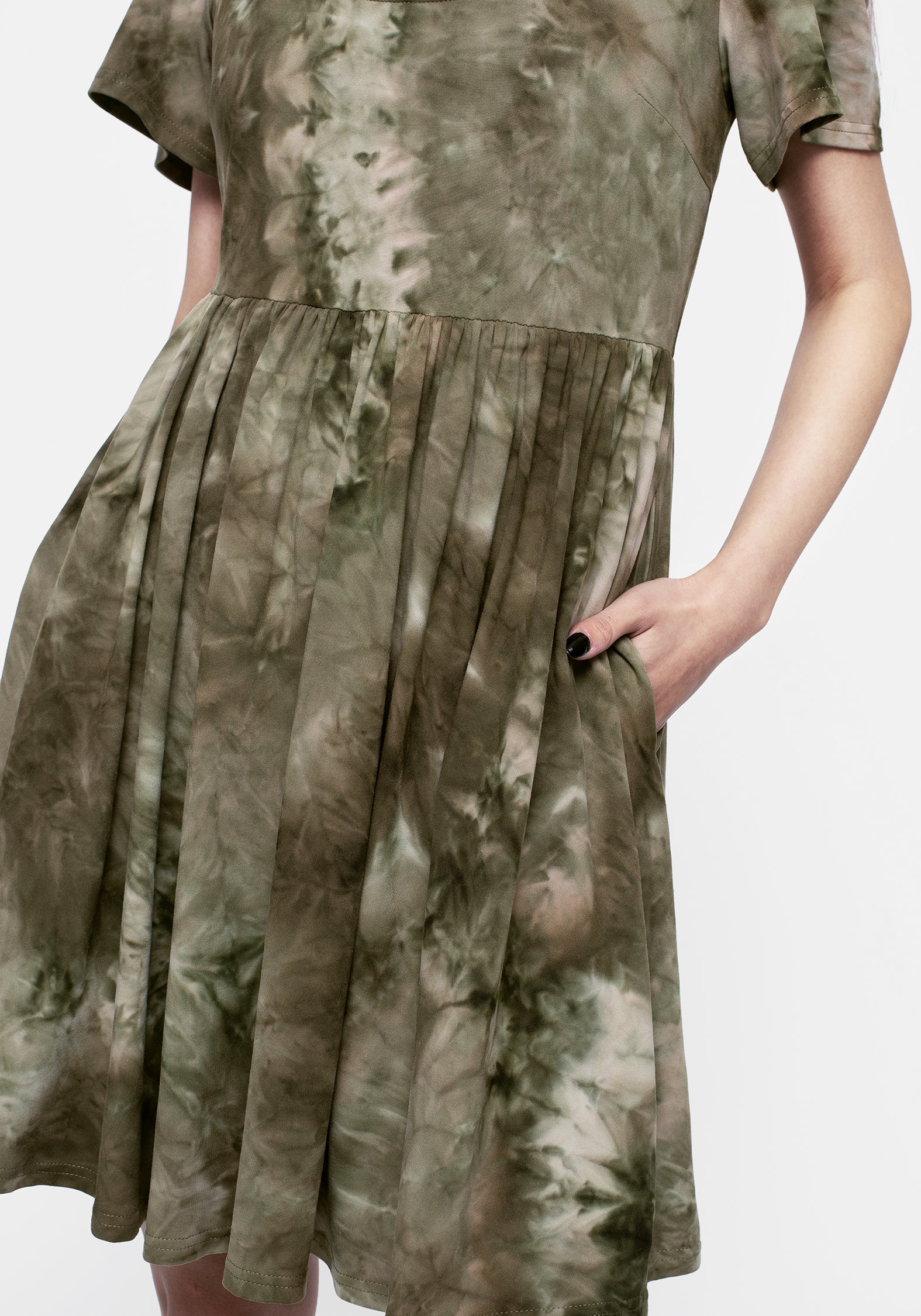 Green Tie-Dye Mini Smock Dress with Pockets | Tenebris