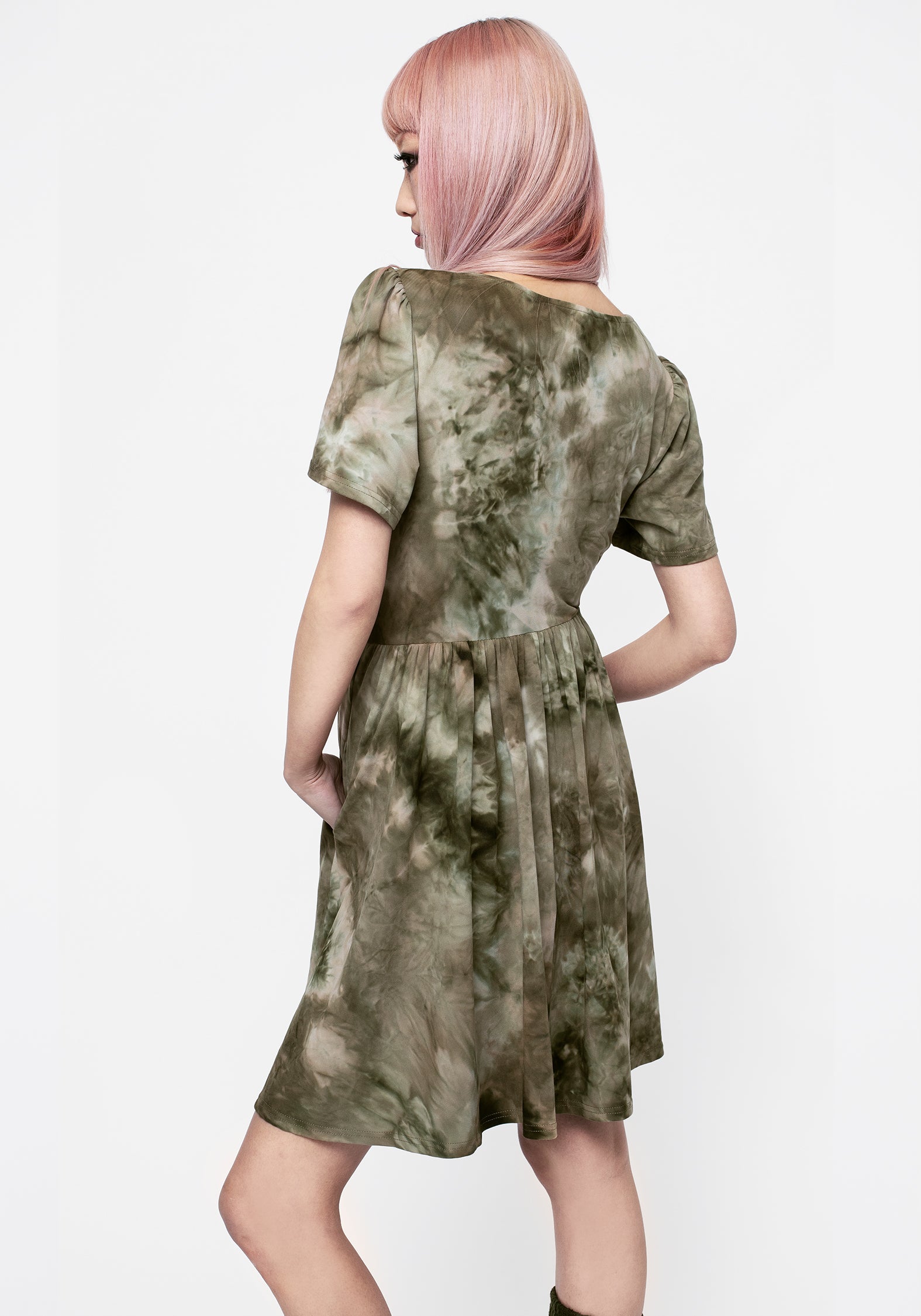 Green Tie-Dye Mini Smock Dress with Pockets | Tenebris