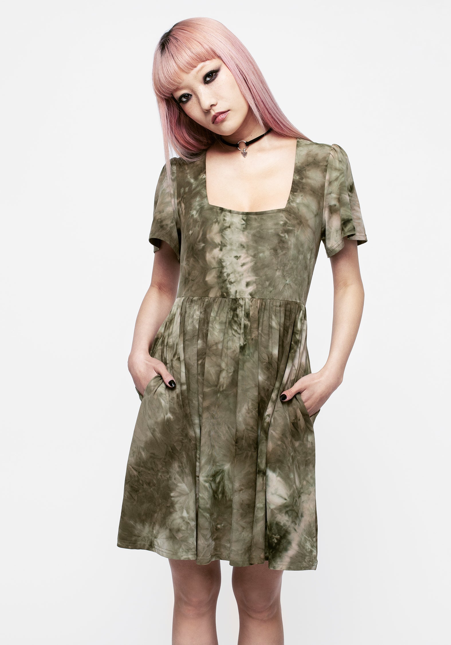 Green Tie-Dye Mini Smock Dress with Pockets | Tenebris