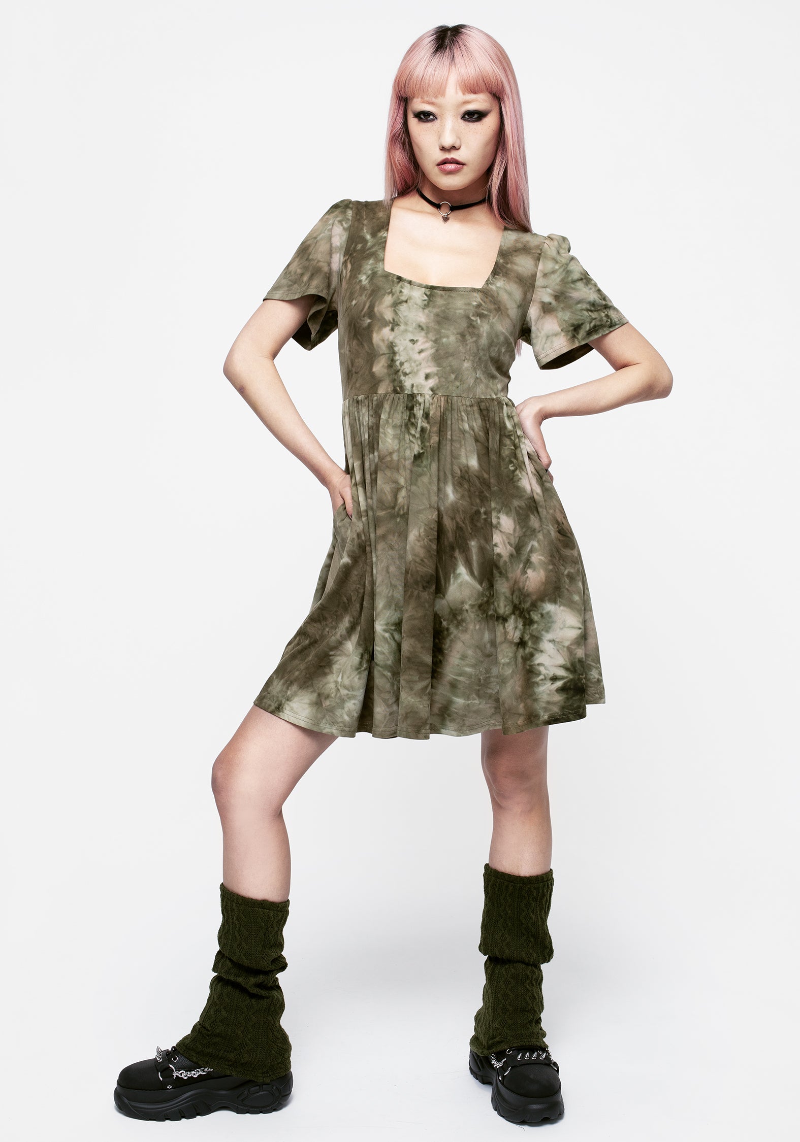 Green Tie-Dye Mini Smock Dress with Pockets | Tenebris