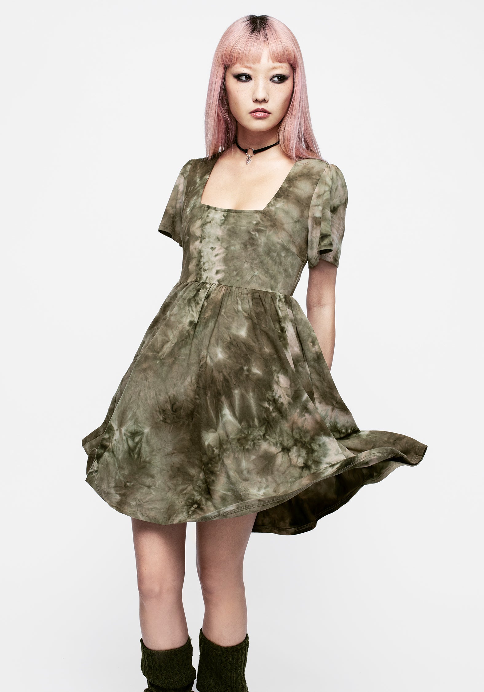 Green Tie-Dye Mini Smock Dress with Pockets | Tenebris