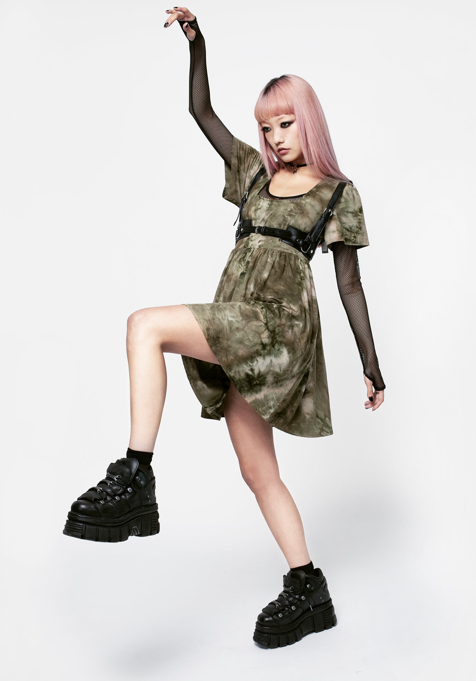 Green Tie-Dye Mini Smock Dress with Pockets | Tenebris