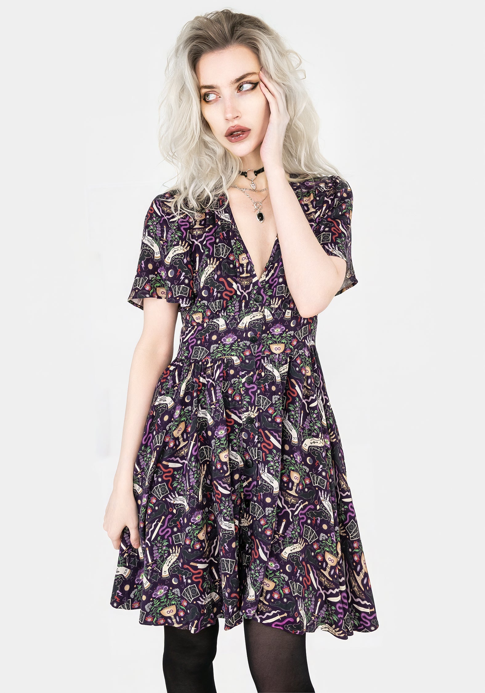 Purple Printed Button-Up Mini Dress with Waist Ties | Modern Mystic