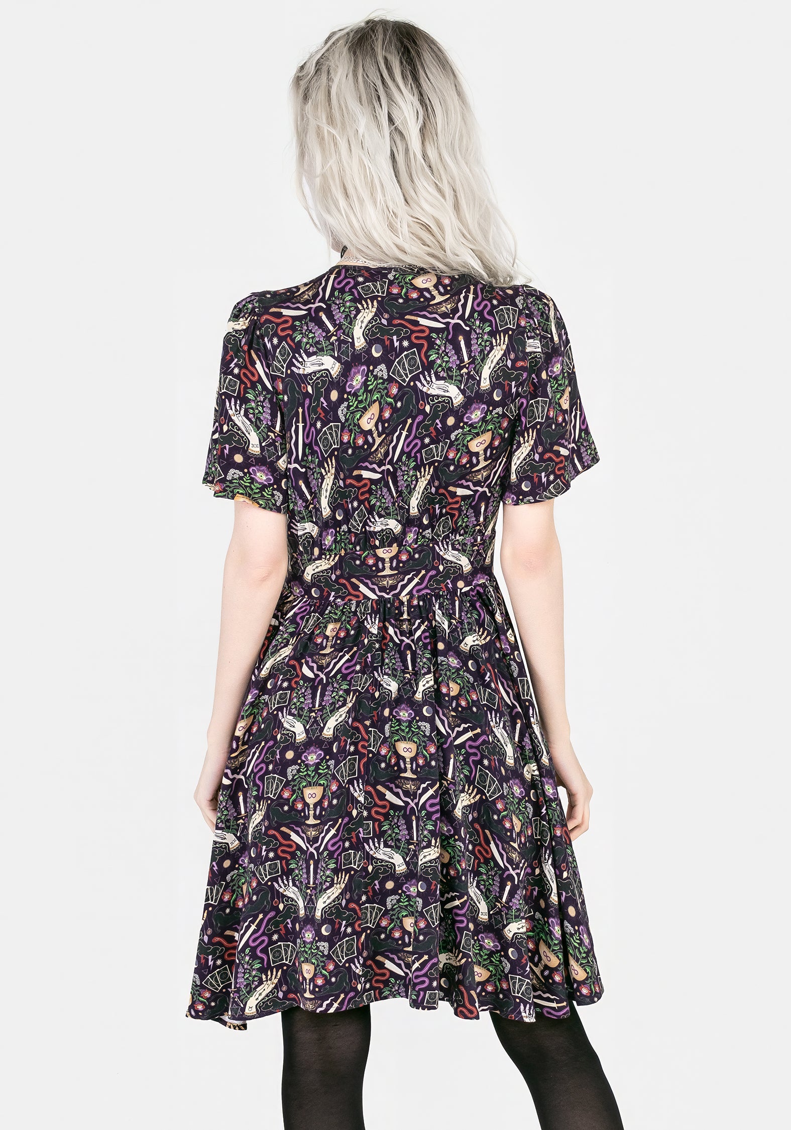 Purple Printed Button-Up Mini Dress with Waist Ties | Modern Mystic
