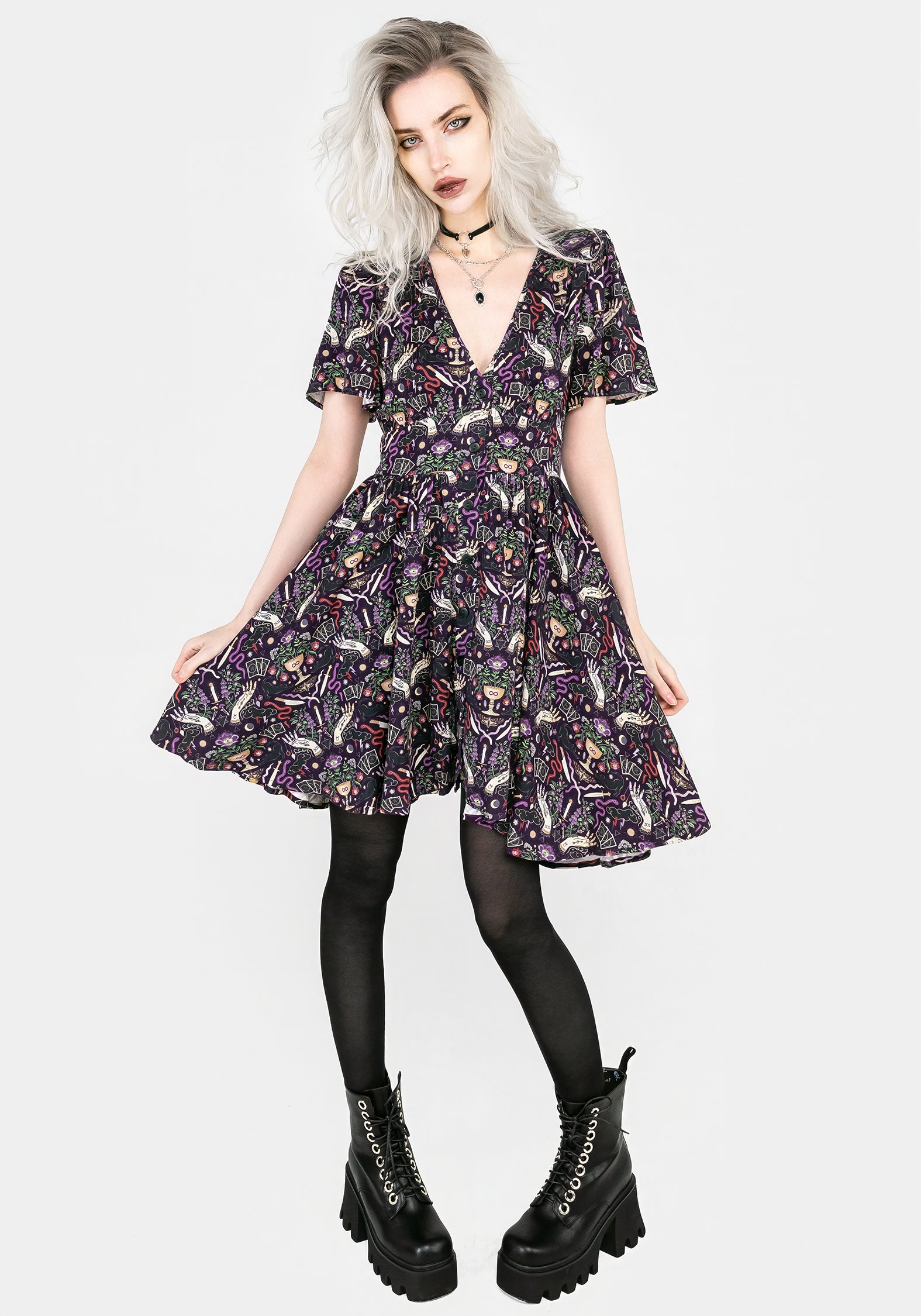 Purple Printed Button-Up Mini Dress with Waist Ties | Modern Mystic