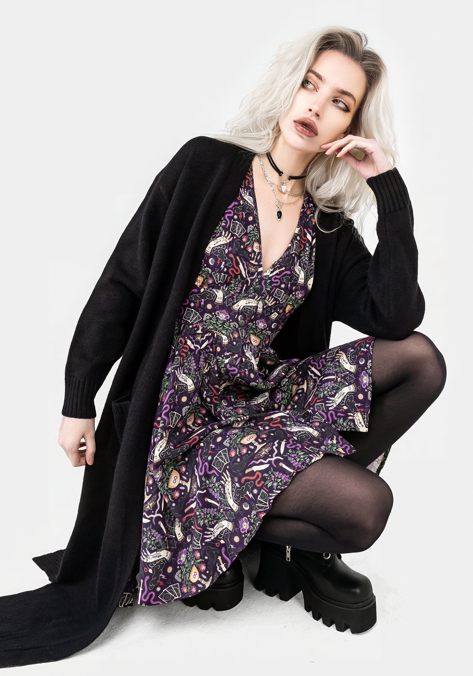 Purple Printed Button-Up Mini Dress with Waist Ties | Modern Mystic