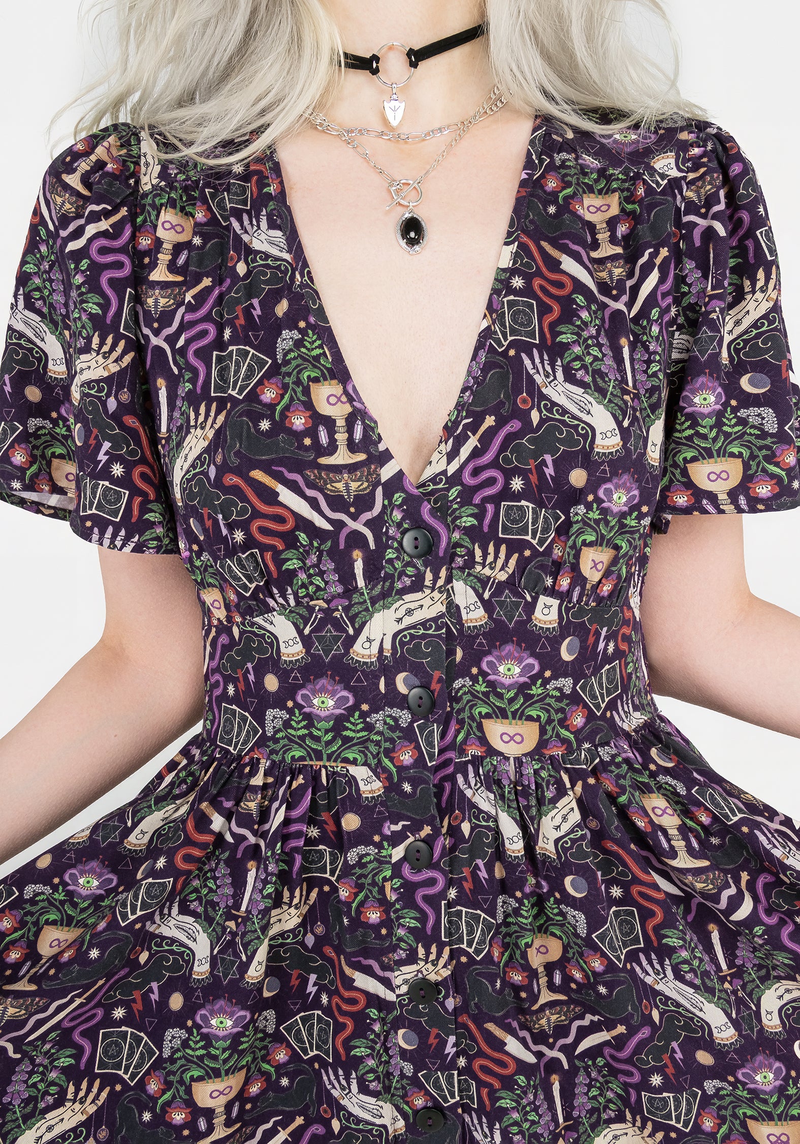 Purple Printed Button-Up Mini Dress with Waist Ties | Modern Mystic