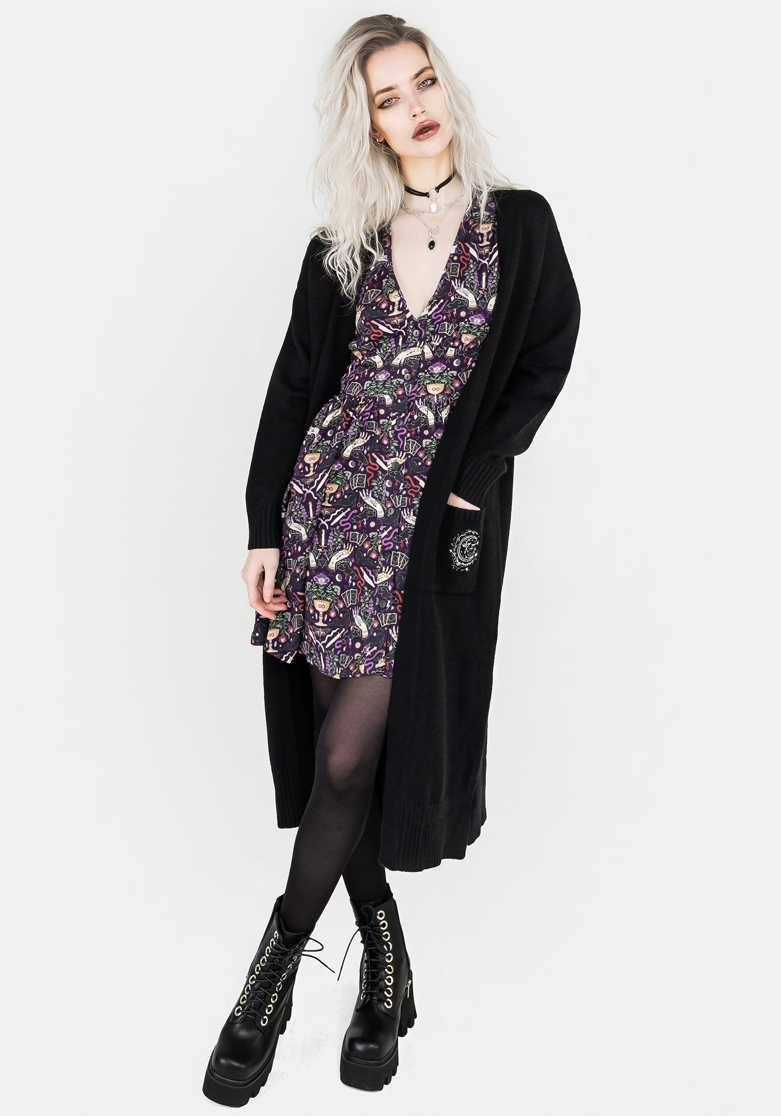 Purple Printed Button-Up Mini Dress with Waist Ties | Modern Mystic