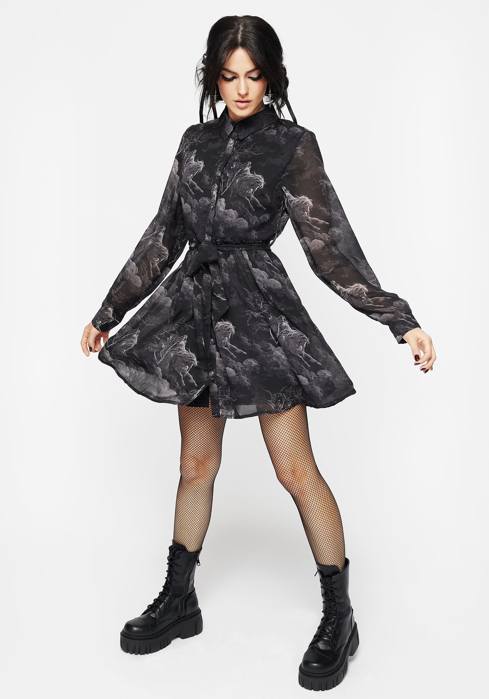 Black Chiffon Mini Shirt Dress with Death Print | Revelation