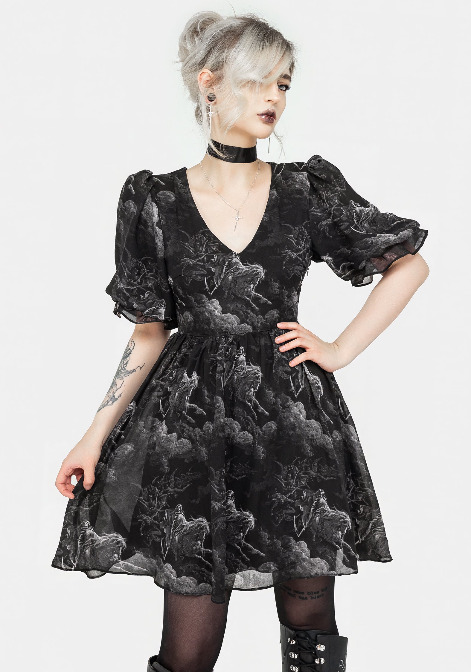 Black Chiffon Puff Sleeve Mini Dress with Death Print | Revelation