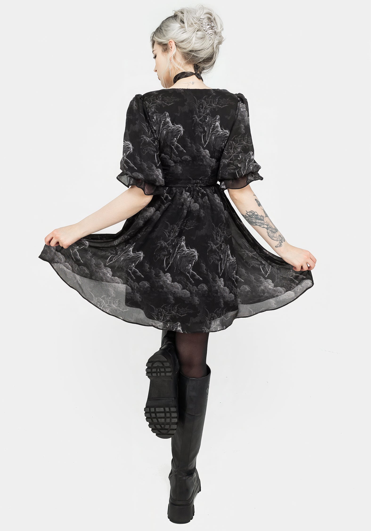 Black Chiffon Puff Sleeve Mini Dress with Death Print | Revelation