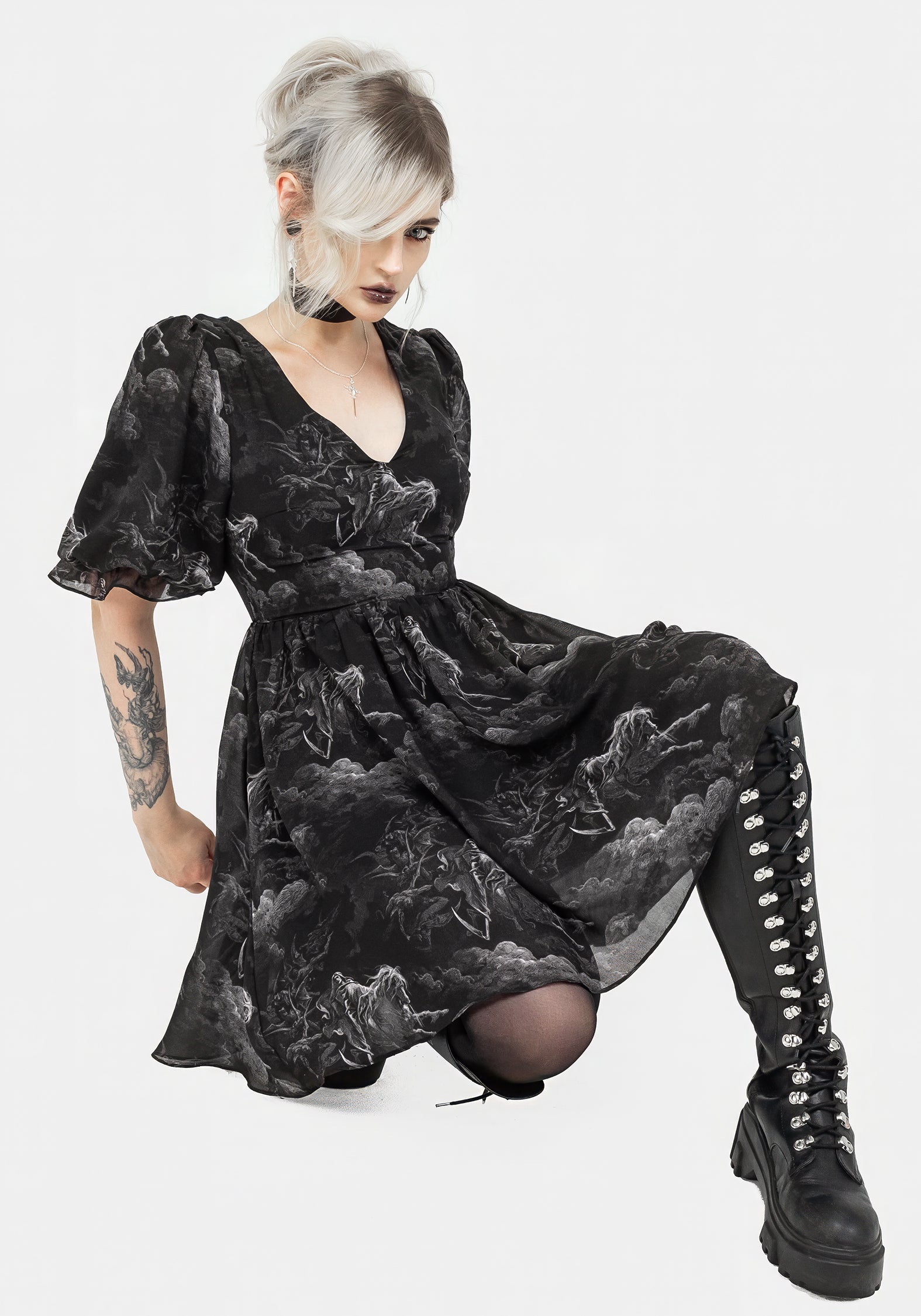 Black Chiffon Puff Sleeve Mini Dress with Death Print | Revelation