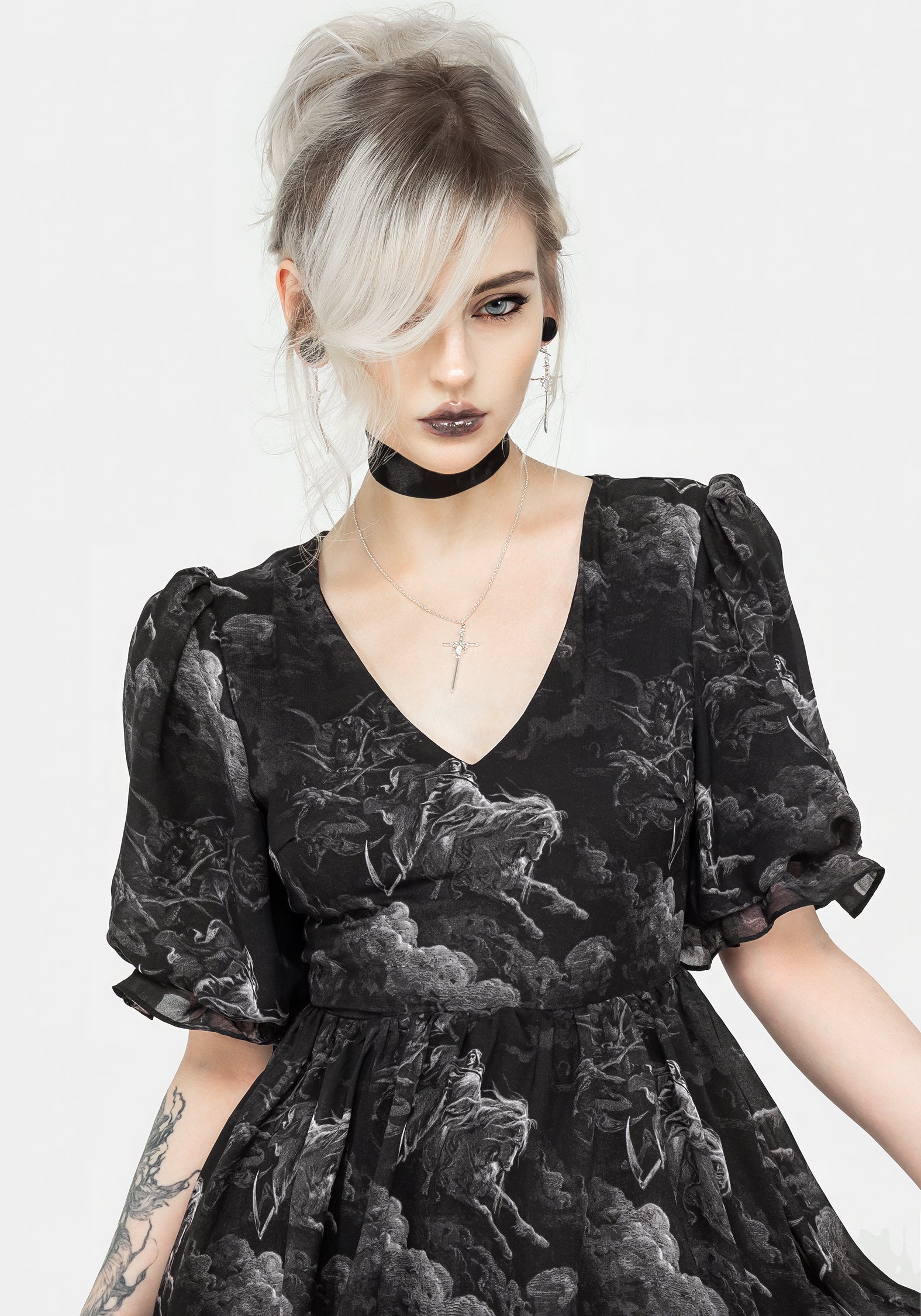 Black Chiffon Puff Sleeve Mini Dress with Death Print | Revelation