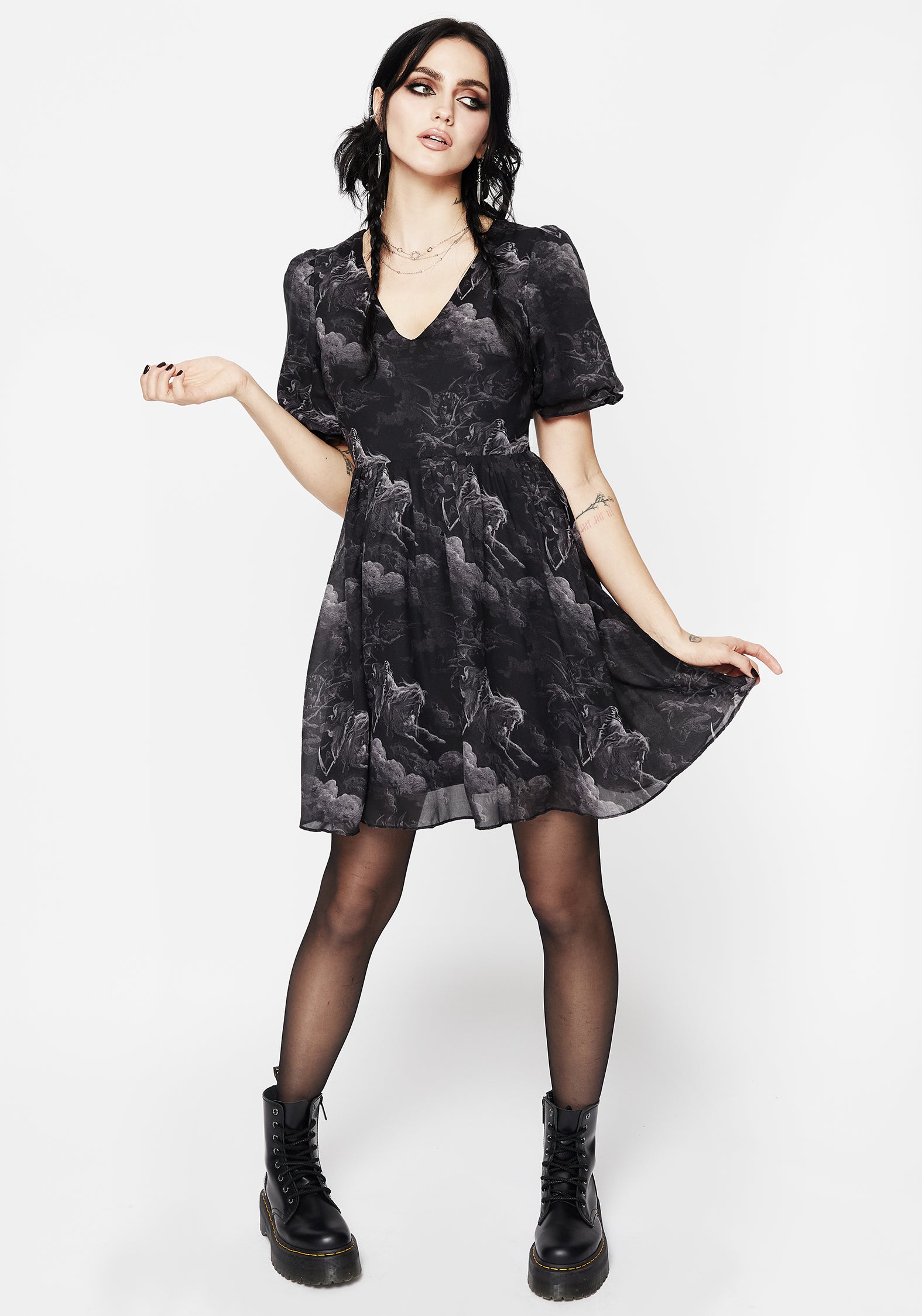 Black Chiffon Puff Sleeve Mini Dress with Death Print | Revelation