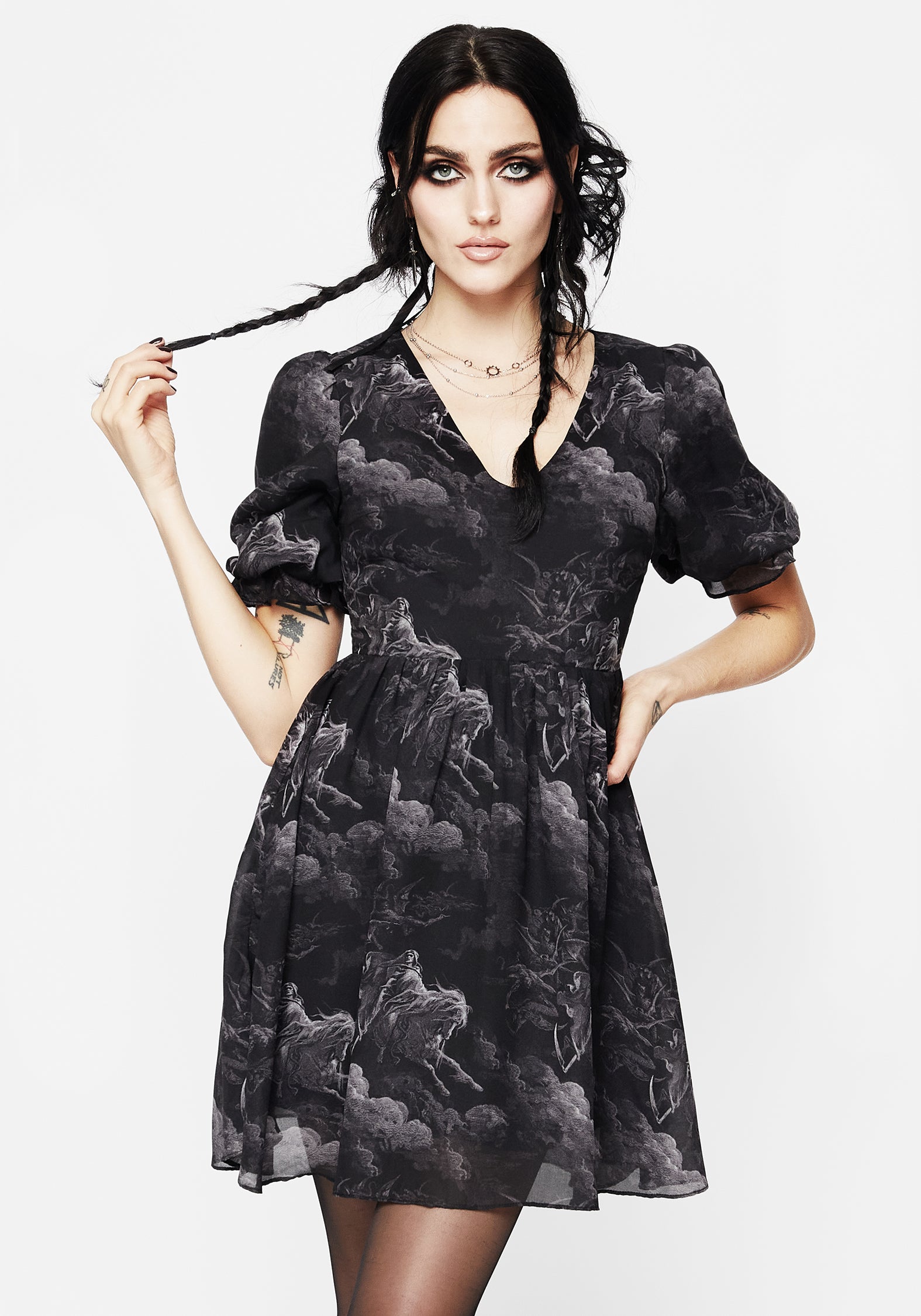 Black Chiffon Puff Sleeve Mini Dress with Death Print | Revelation