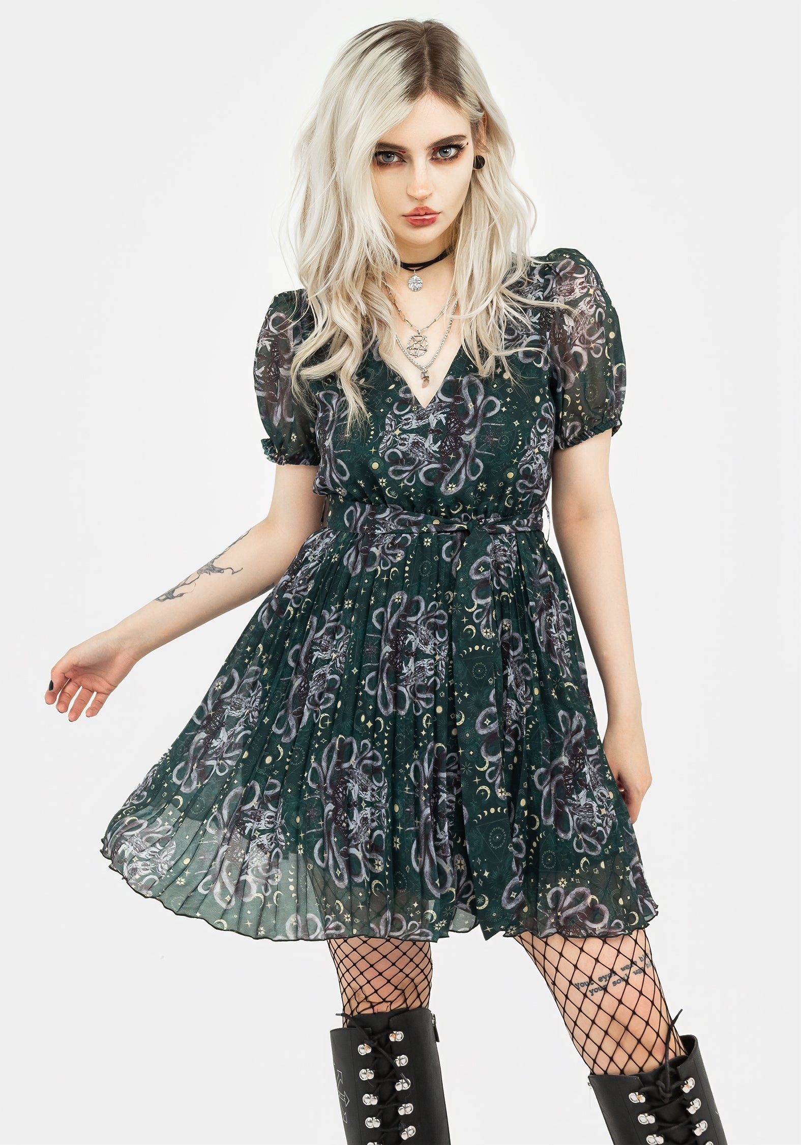 Puff Sleeve Pleated Mini Dress with V-Neckline | Cailleach