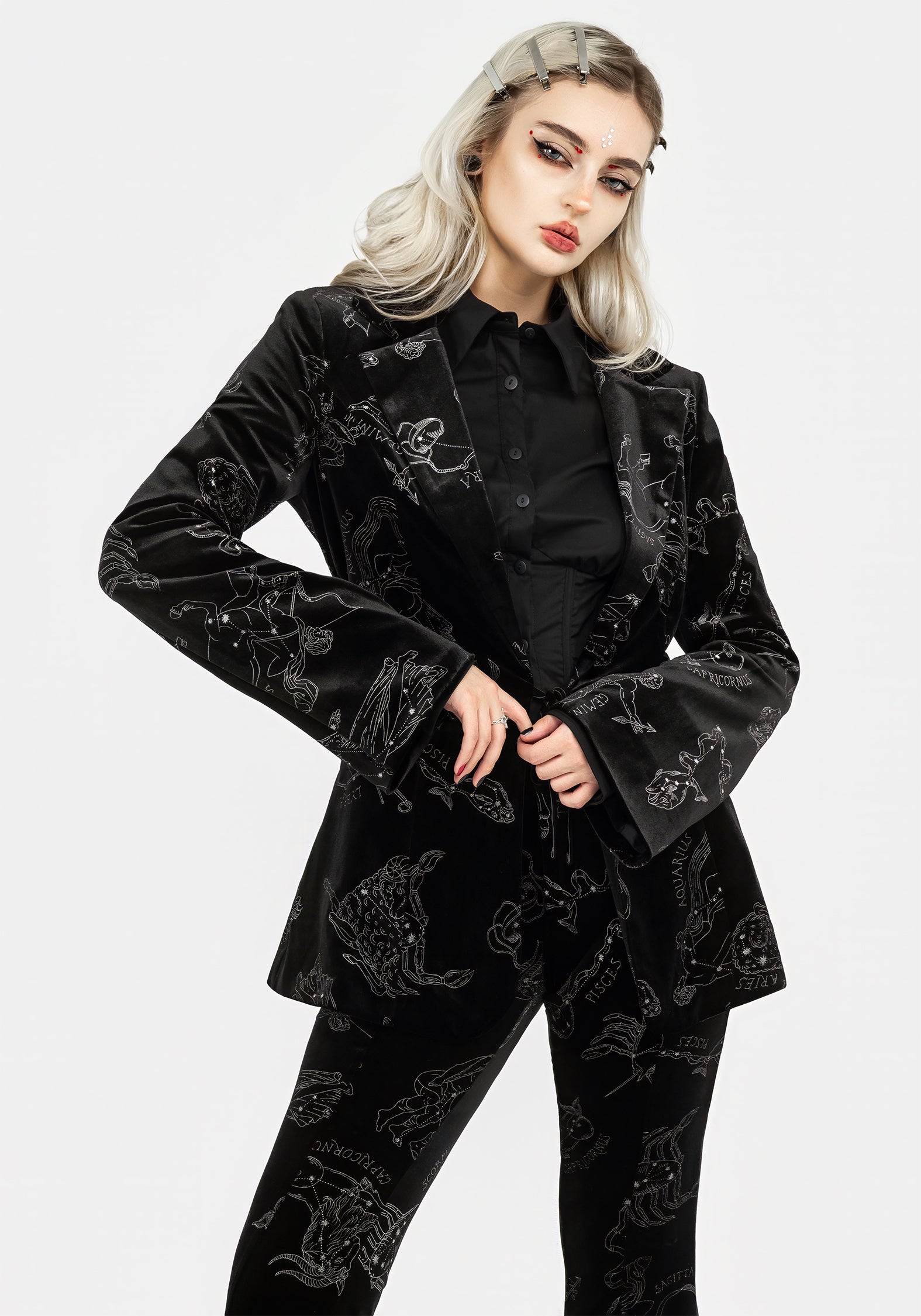 Black Velour Blazer with Zodiac Foil Print | Tailored Fit & Velvet Trim