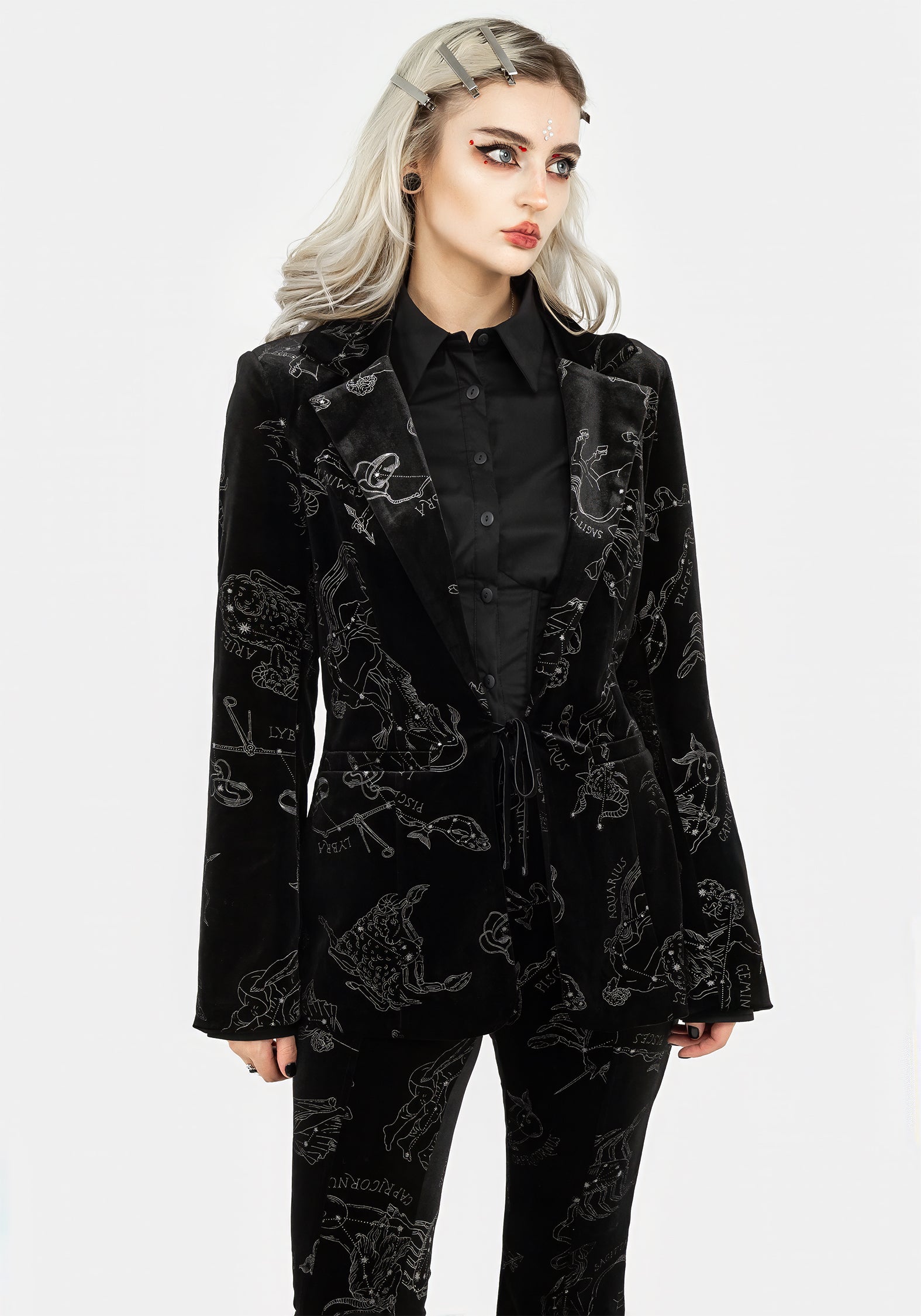 Black Velour Blazer with Zodiac Foil Print | Tailored Fit & Velvet Trim