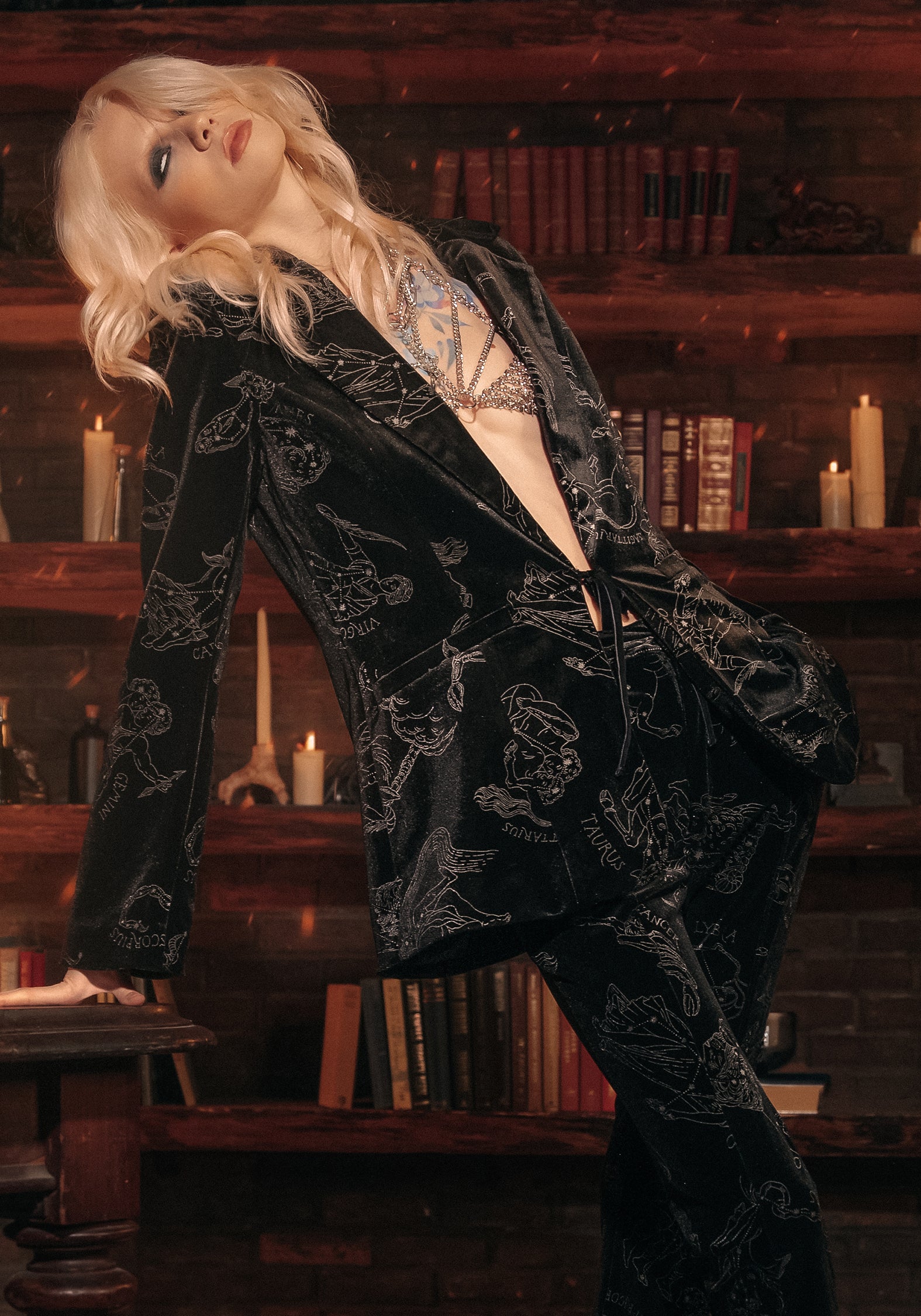 Black Velour Blazer with Zodiac Foil Print | Tailored Fit & Velvet Trim