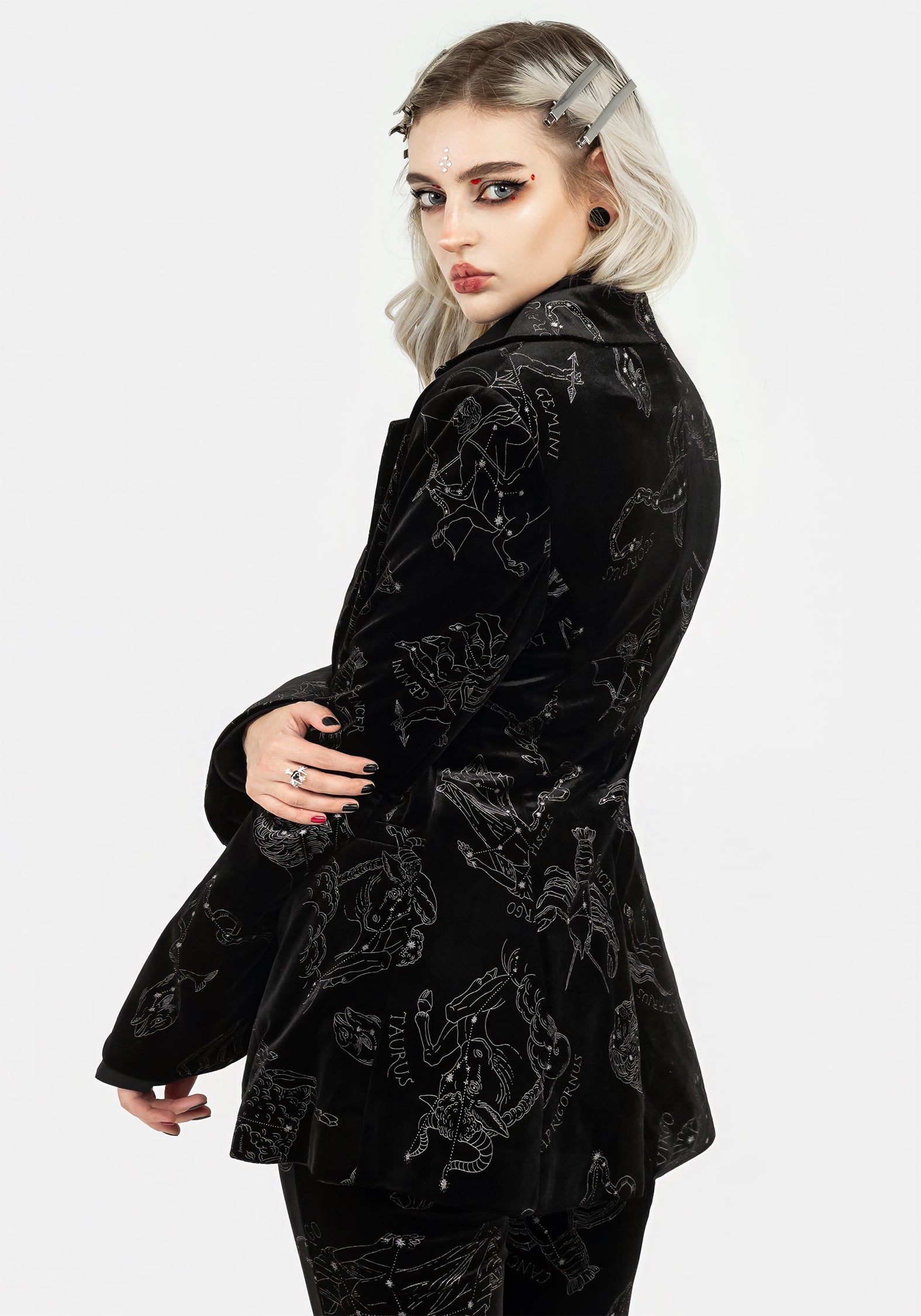 Black Velour Blazer with Zodiac Foil Print | Tailored Fit & Velvet Trim