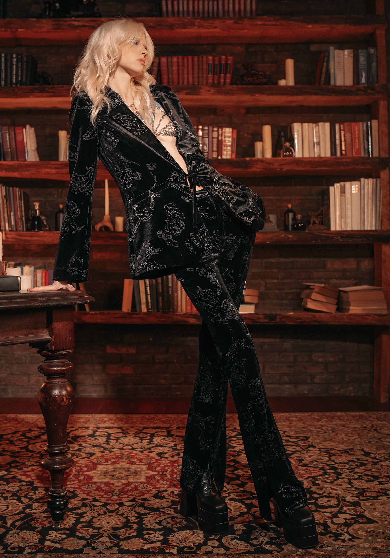 Black Velour Blazer with Zodiac Foil Print | Tailored Fit & Velvet Trim
