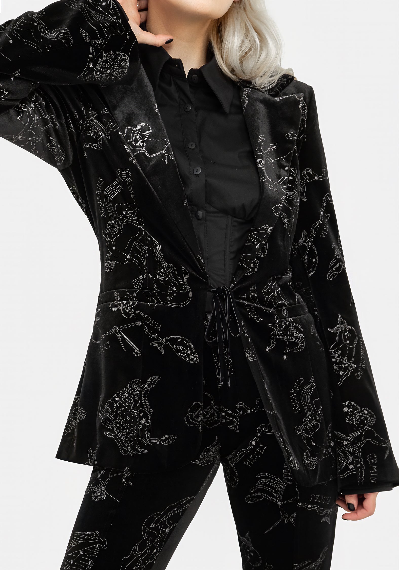 Black Velour Blazer with Zodiac Foil Print | Tailored Fit & Velvet Trim