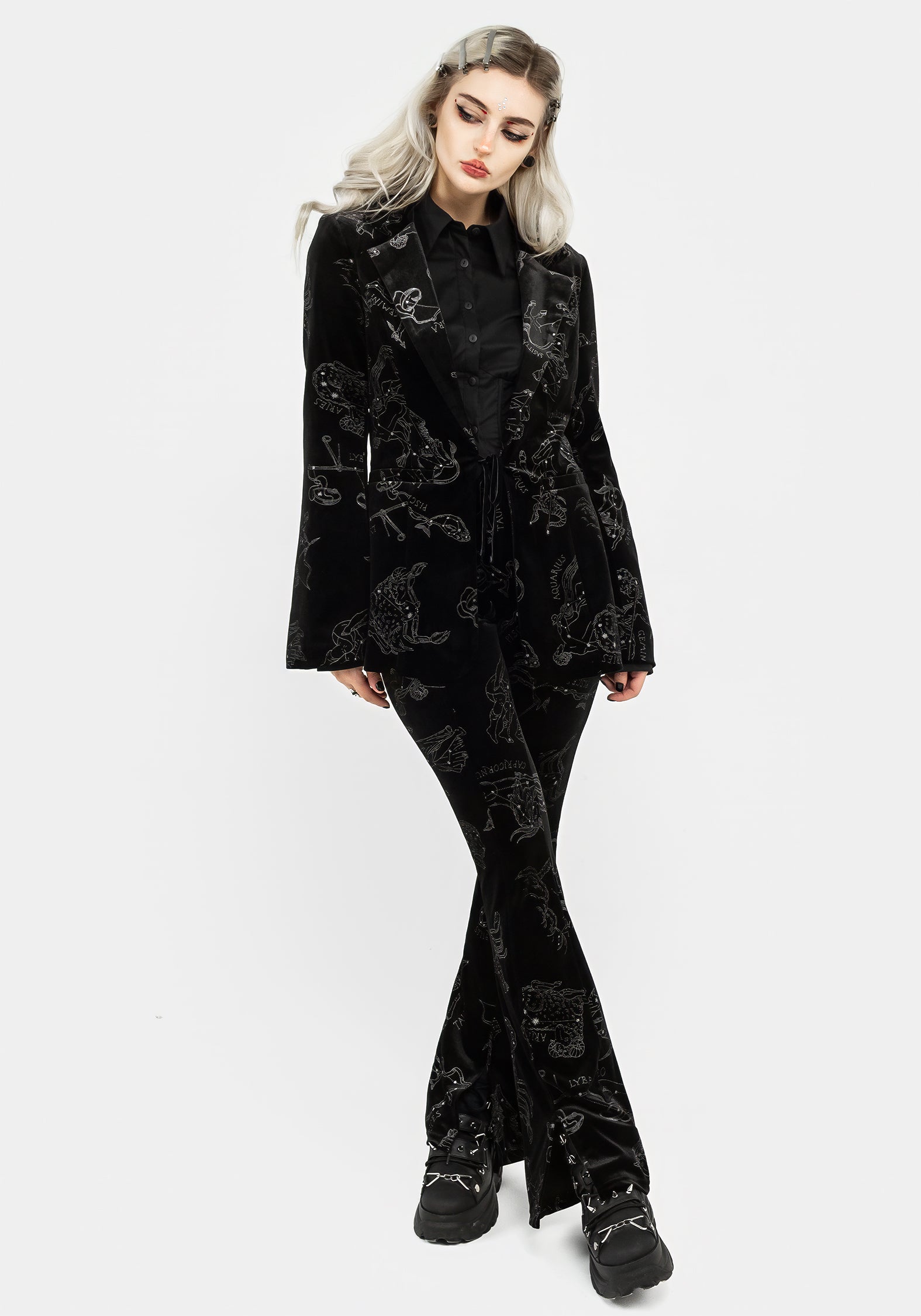 Black Velour Blazer with Zodiac Foil Print | Tailored Fit & Velvet Trim