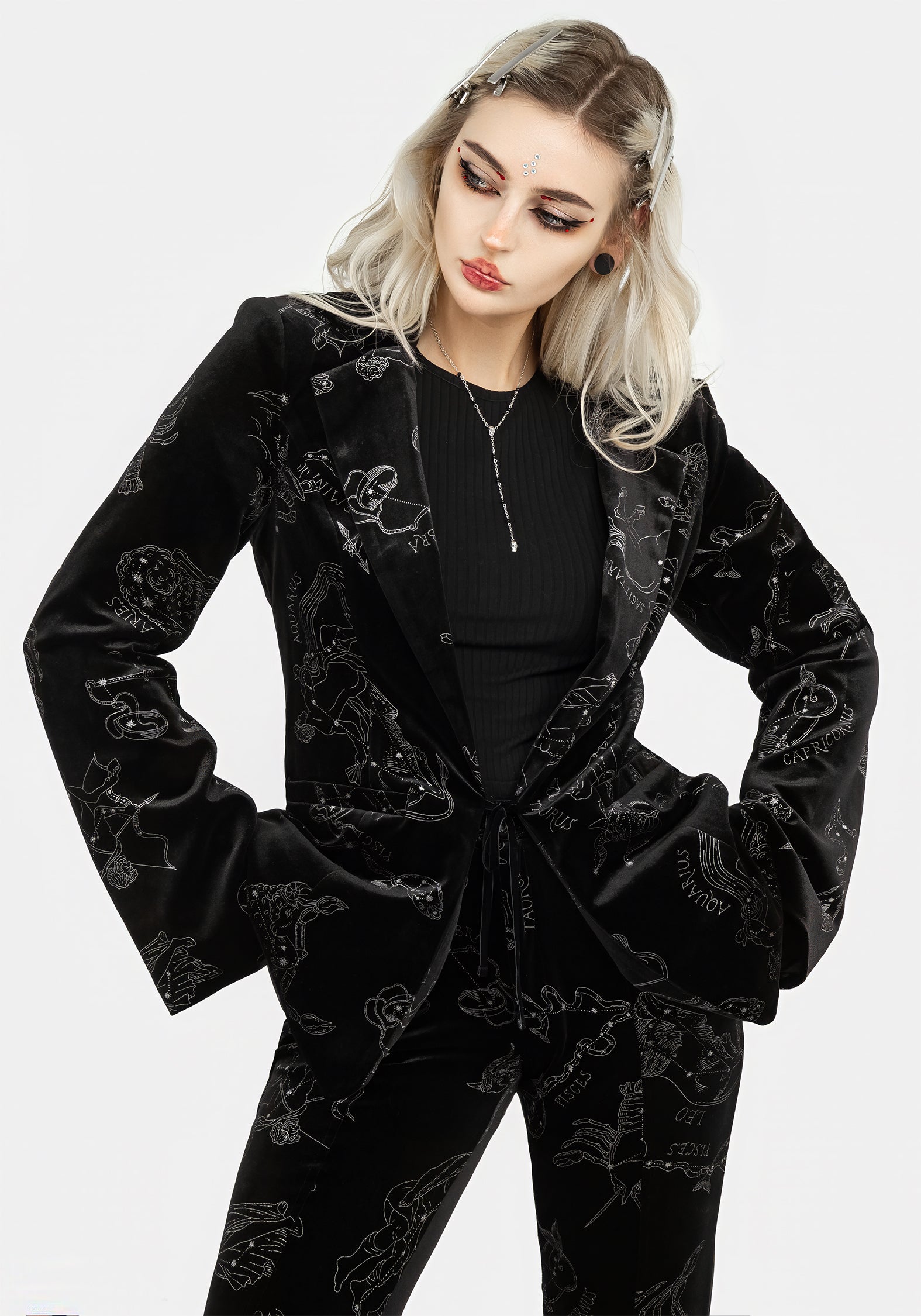 Black Velour Blazer with Zodiac Foil Print | Tailored Fit & Velvet Trim
