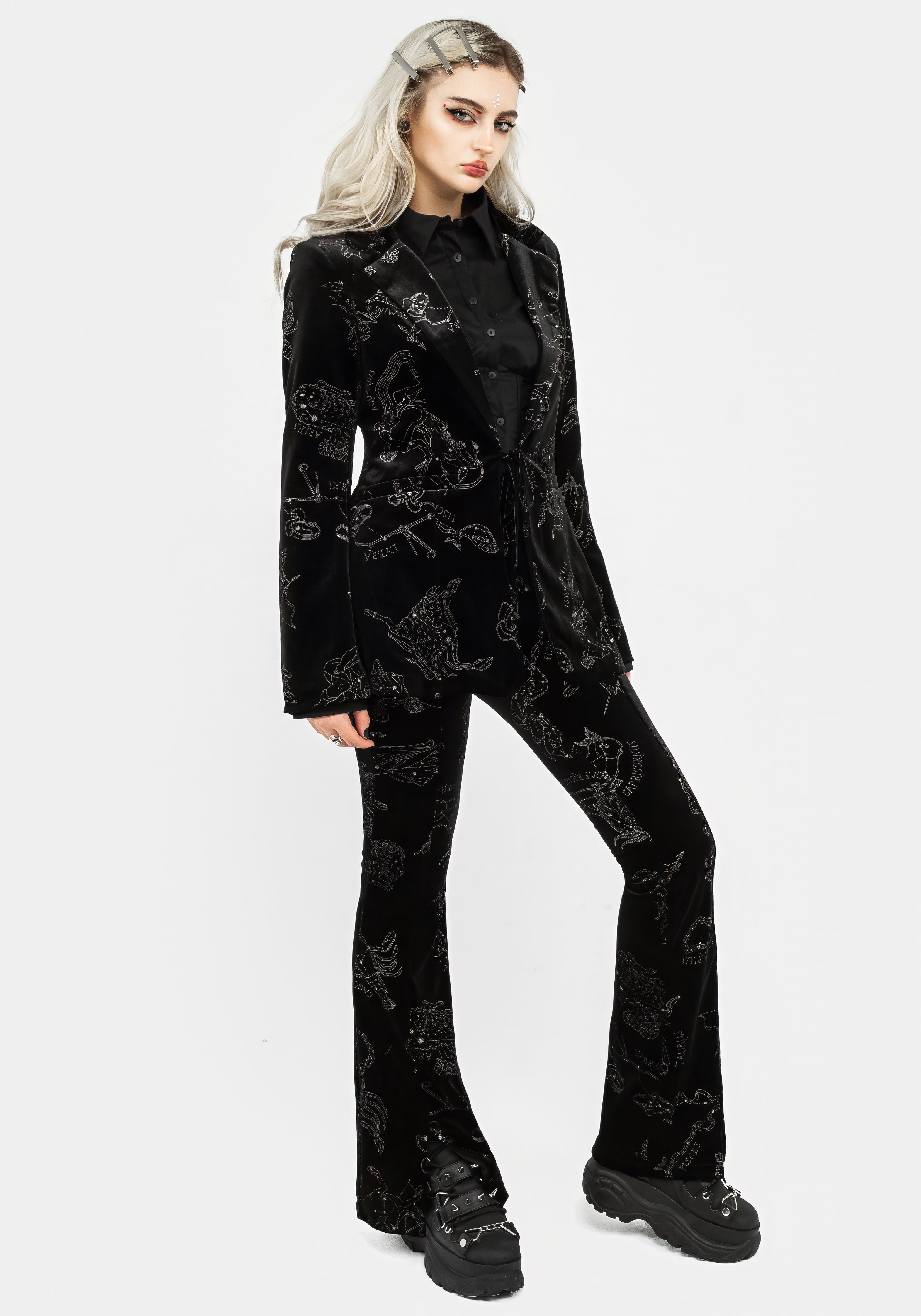 Black Velour Blazer with Zodiac Foil Print | Tailored Fit & Velvet Trim